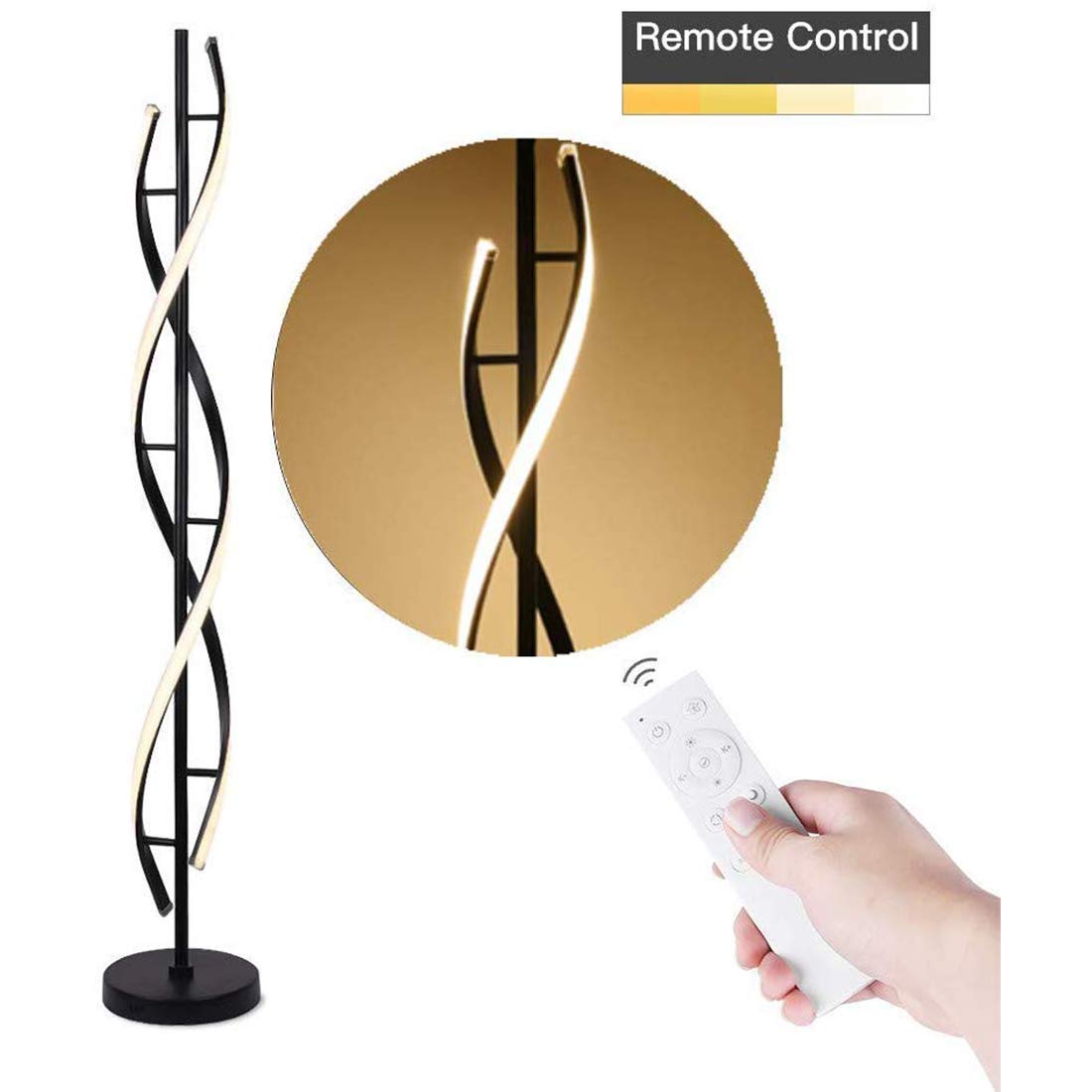 ADISUN 40W LED Modern Spiral Floor Lamp with Remote Control - Dimmable Tall Standing Light for Living Room, Bedroom, Office - Black Indoor Lighting for Home Decor & Reading