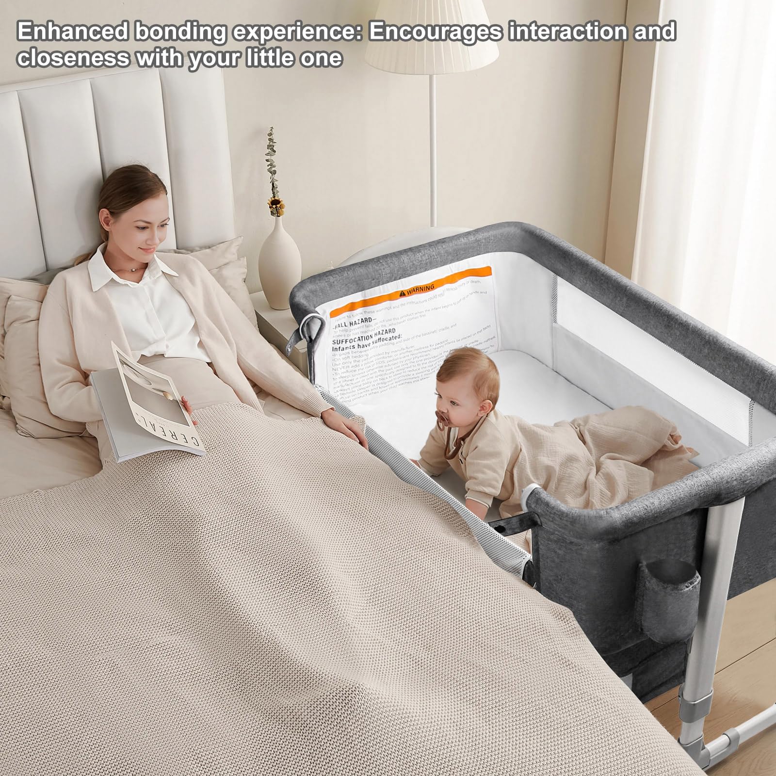 Portable Baby Bassinet Bedside Sleeper with Adjustable Height, Diaper Changing Station & Mosquito Net - 16 Gallon Storage Capacity, Grey - Perfect for Co-Sleeping, Nursery & Travel Use