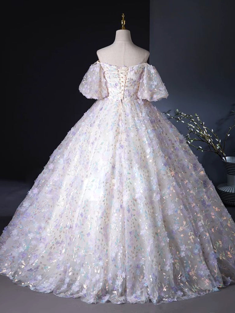 Elegant Light Purple A-Line Prom Dress with Puff Sleeves & Sweetheart Neckline - Tulle Lace Formal Gown for Homecoming, Wedding, Quinceañera & Special Occasions