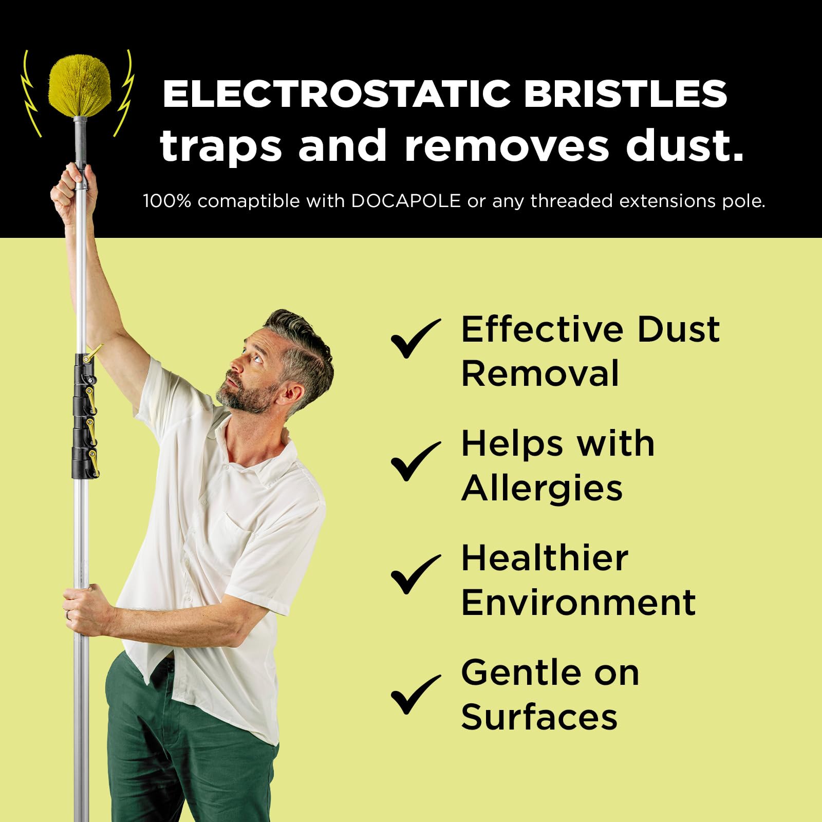 DOCA 5-12 Ft Telescoping Extension Pole - Adjustable Cleaning Pole for Windows, Ceilings & High Surfaces - Compatible with Feather Dusters, Paint Rollers & Squeegees - Indoor & Outdoor Cleaning Tool for Home, Office & Car Wash