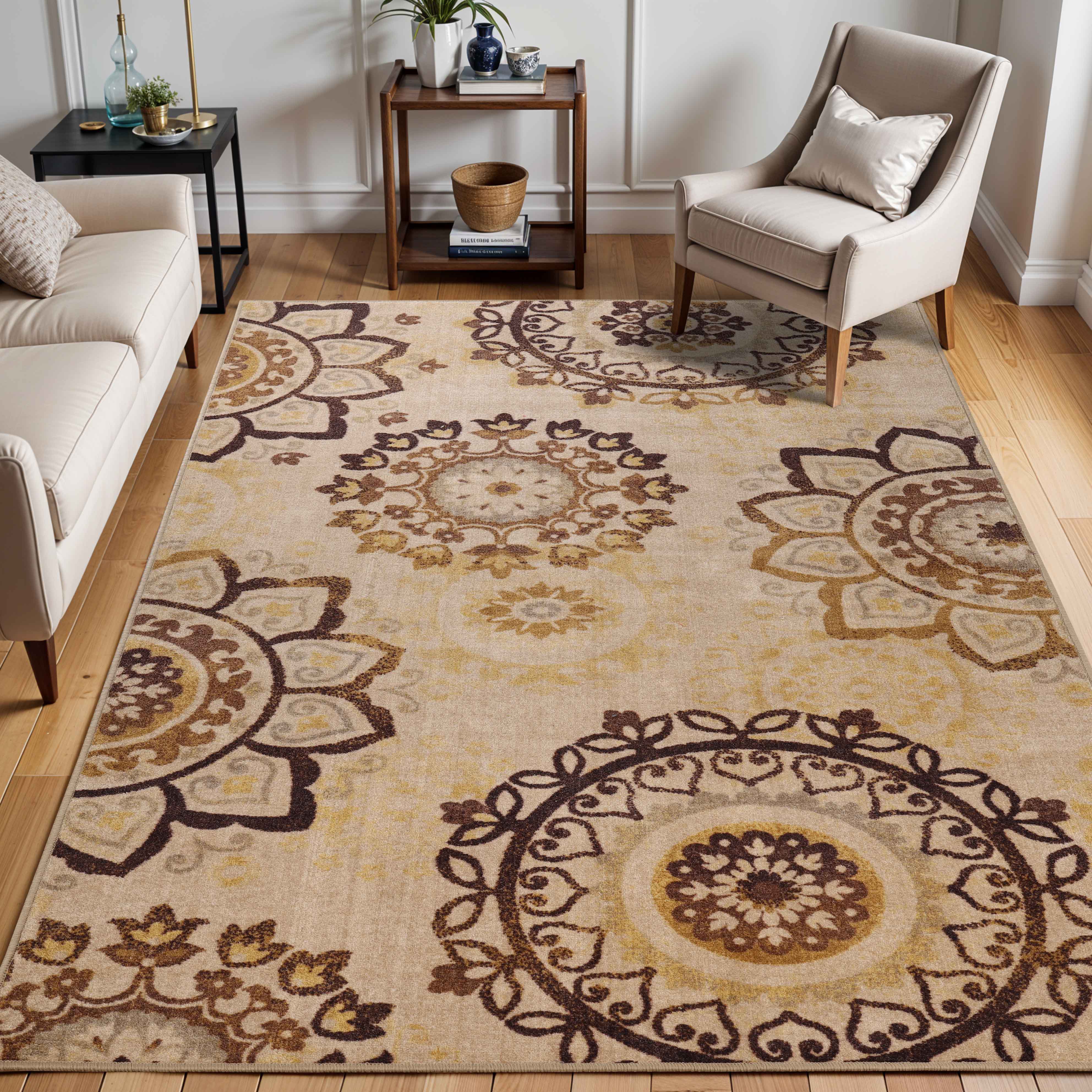 Liena Medallion Non-Slip Washable Indoor Area Rug - Soft Anti-Skid Living Room Carpet, Bedroom Runner for Home Decor (5x8 ft) | Perfect for Hallways, Entryways & Cozy Spaces