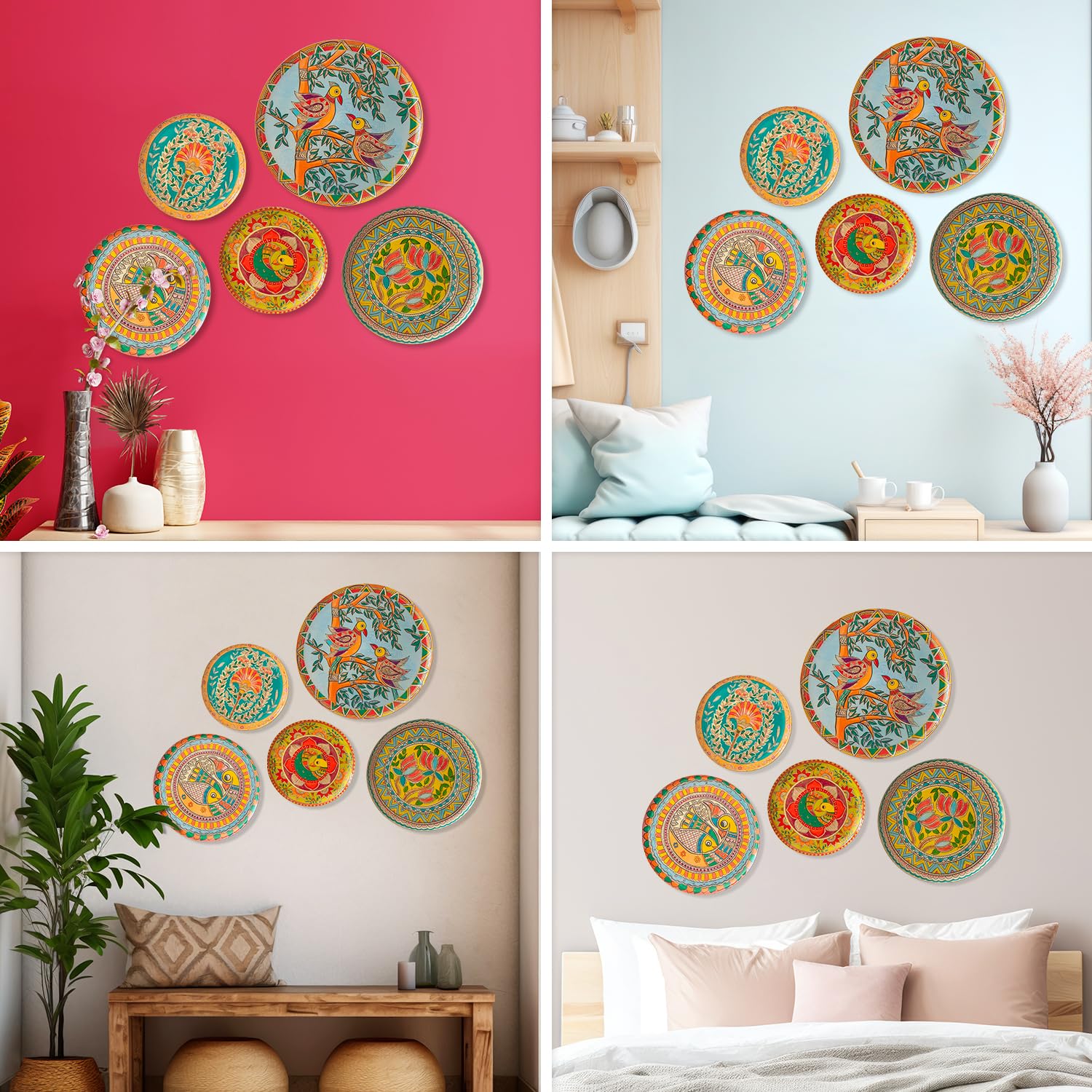 Handcrafted Madhubani Iron Wall Art Plates Set of 5 - Traditional Indian Metal Wall Decor for Living Room & Bedroom - Unique Home Decor Accent for Boho, Ethnic & Spiritual Interiors