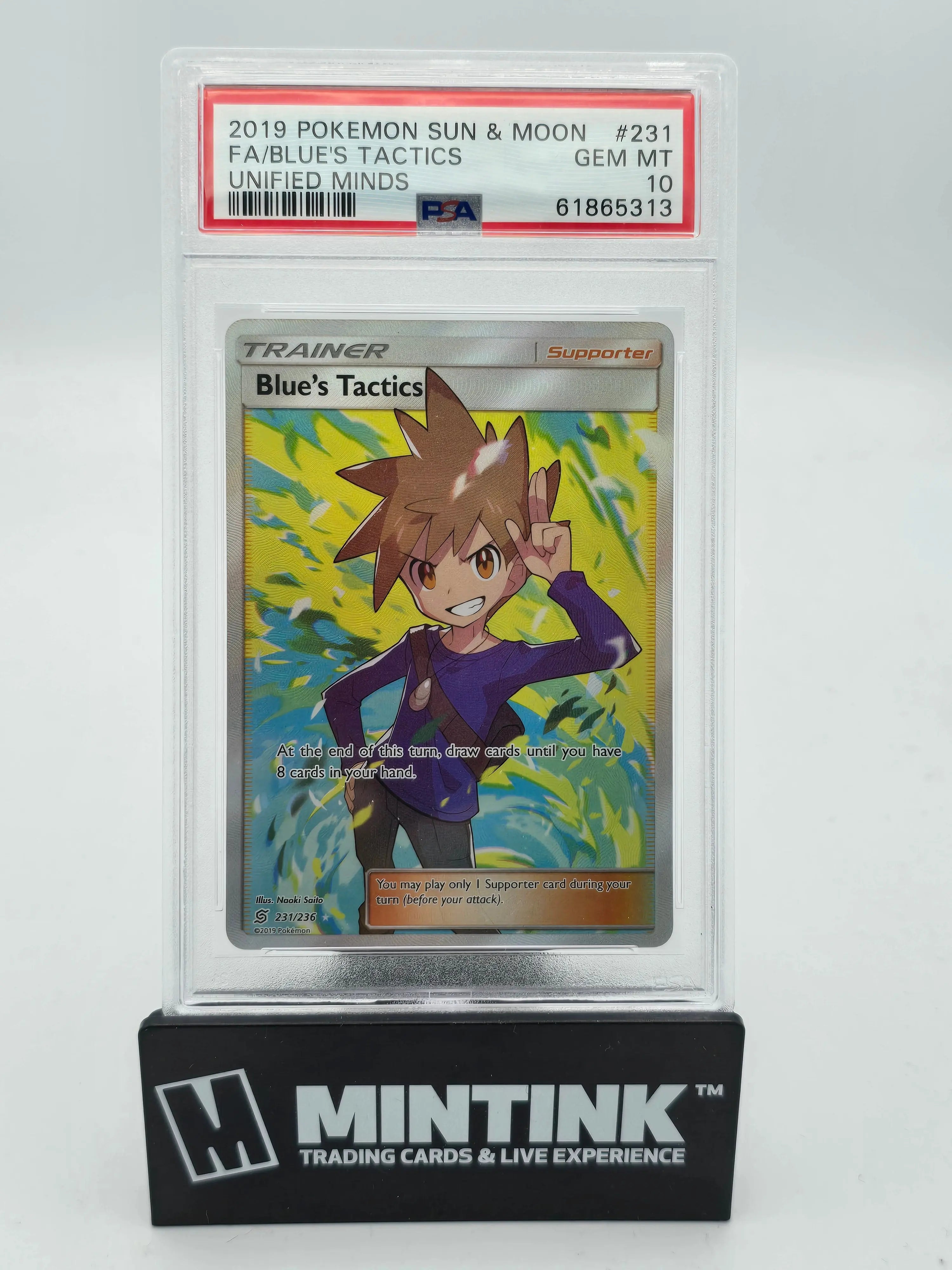 2019 Pokemon Sun & Moon Blue's Tactics FA Unified Minds PSA 10 231/236 - Rare Collectible Card for Trading, Gaming & Display