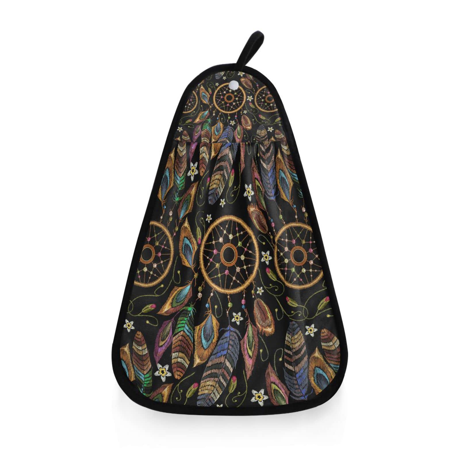 Native American Indian Tribal Dream Catcher Embroidery Hanging Kitchen Hand Towel - Soft Fast Drying Bath & Face Towel with Hook & Loop - Perfect for Kitchen, Bathroom, Home Decor & Gift Giving
