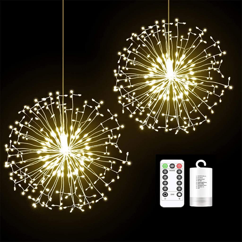 WYBFZTT-188 Fireworks Lights - 198 LED Starburst Dandelion Fairy String Lights, Battery Operated Indoor/Outdoor Decorative Lighting (2 Pack, Blue) - Perfect for Christmas, Parties, Weddings & Garden Decor