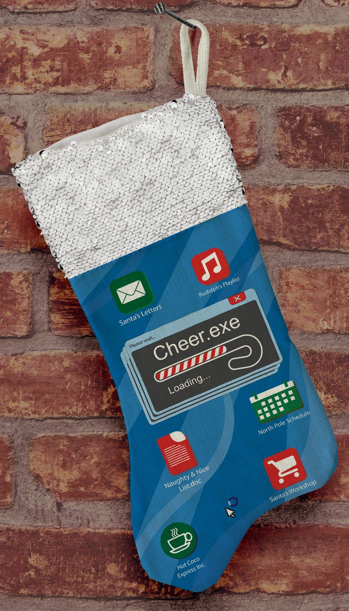 Cheer.exe Loading Christmas PC Icons Flip Sequin Stocking - Blue Computer Programmer Novelty Gift for Tech Lovers (Perfect for Office Decor, Secret Santa & Holiday Tech Enthusiasts)