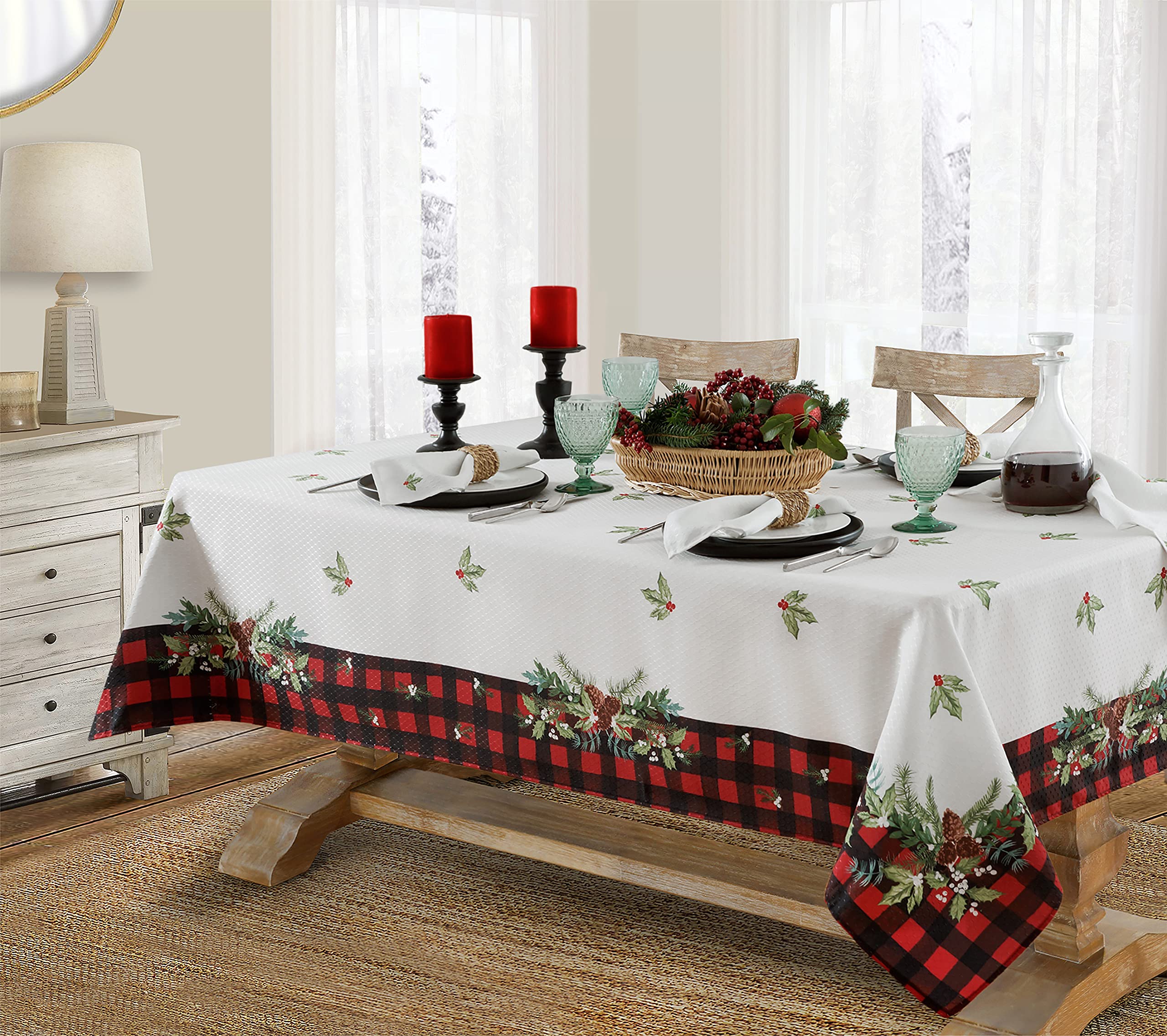 Lintex Aspen Red Black Plaid Christmas Tablecloth with Garland Border - 52x70 Inch Rectangular Holiday Table Cover for Dining Room Decor, Easy Care Fabric for Parties & Family Gatherings