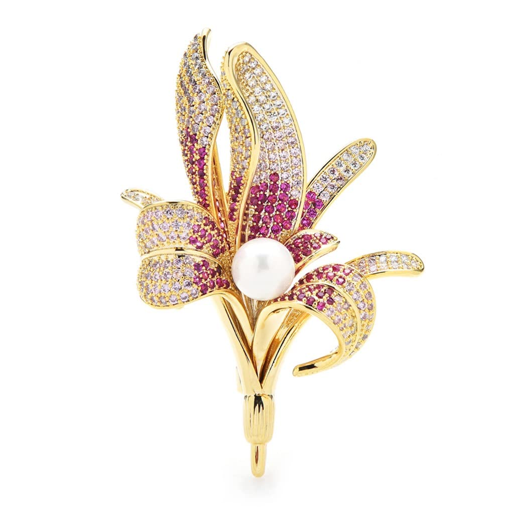 Elegant Cubic Zirconia Flower Brooch with Pearl Lily Design - Perfect for Women's Weddings, Parties & Casual Outfits | Vintage Pin Accessory for Dresses, Jackets & Hats (Color: A)
