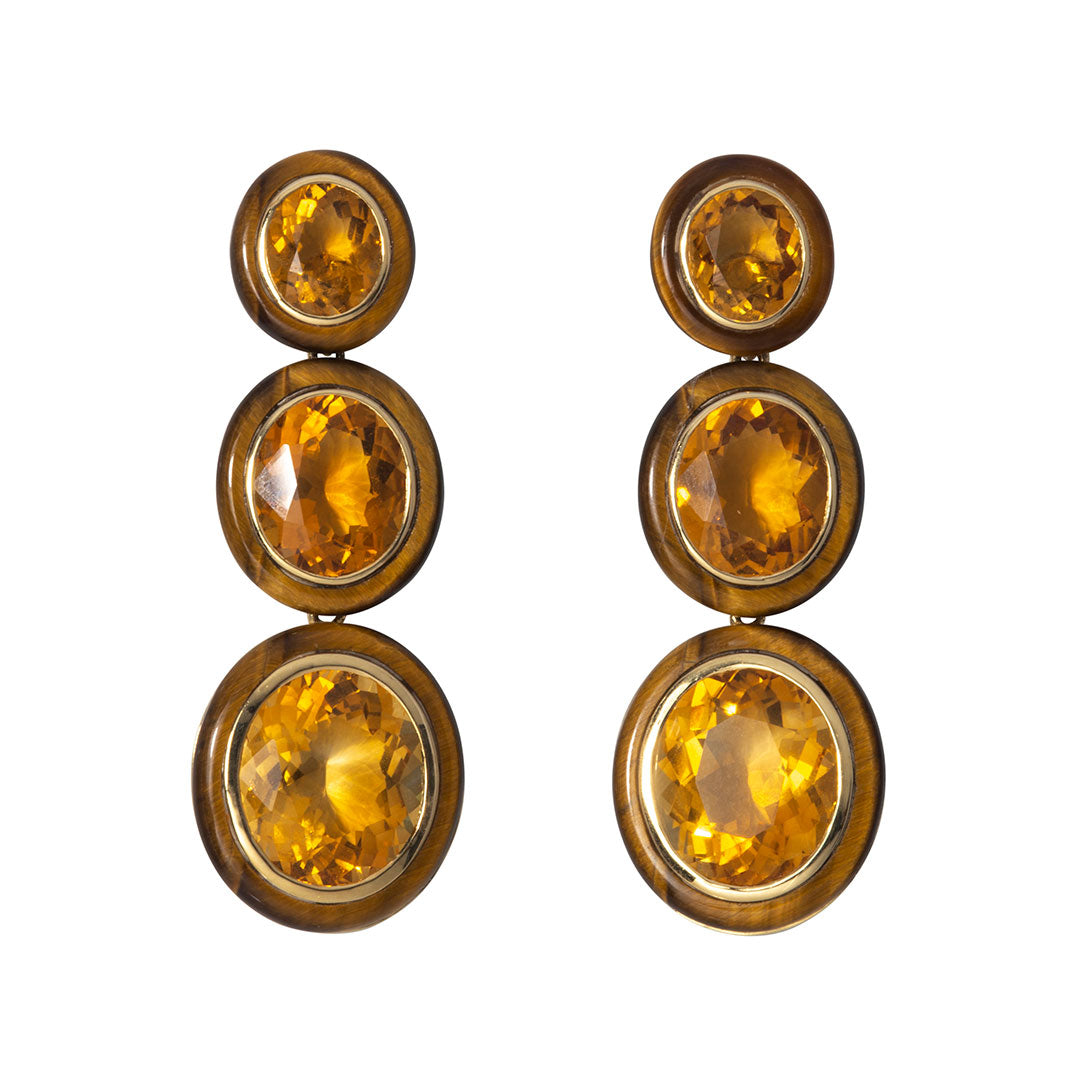 Goshwara Oval Citrine & Tiger's Eye Inlay 18K Gold Drop Earrings for Women - Elegant Dangle Jewelry for Parties, Weddings & Special Occasions