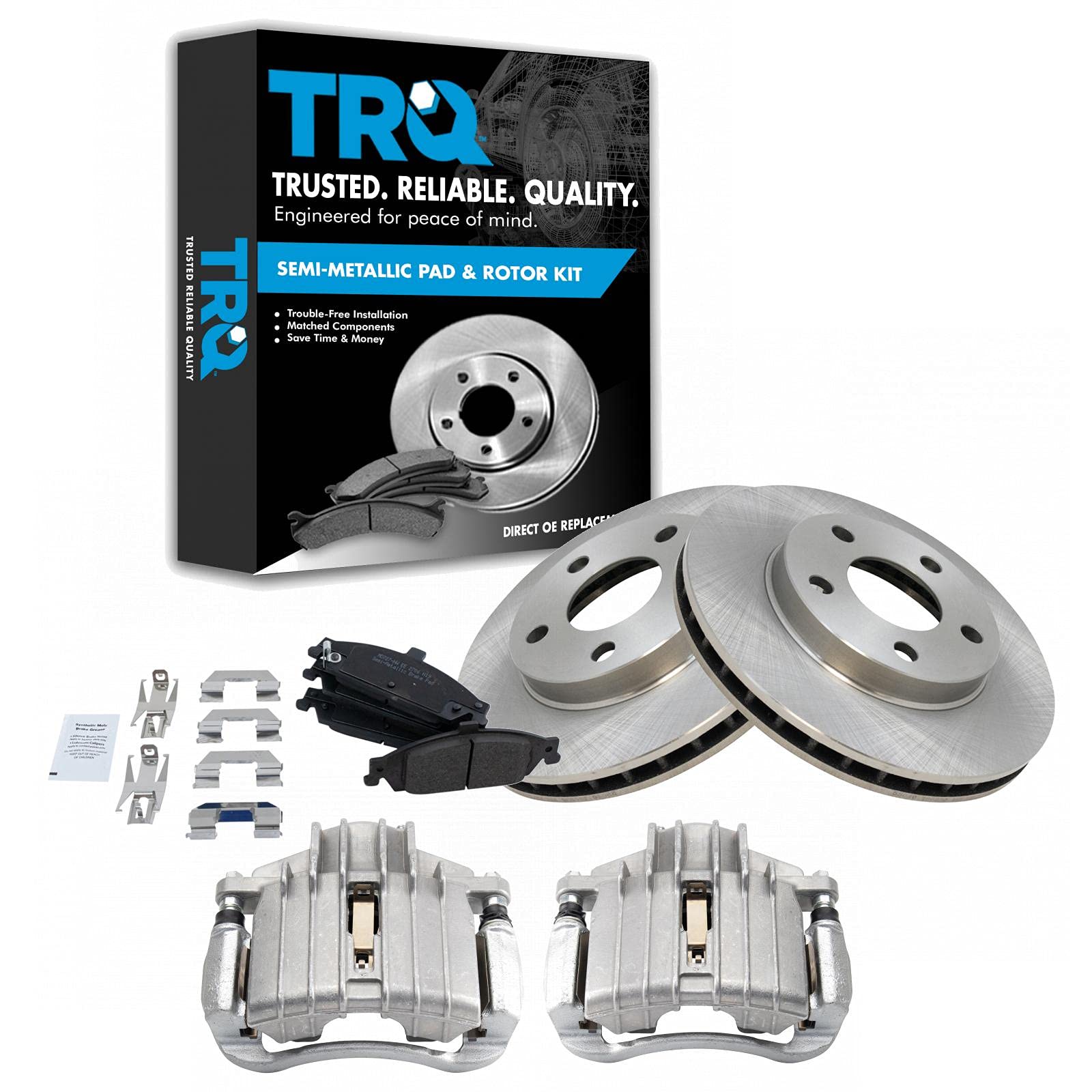 TRQ Front Metallic Disc Brake Pads, Rotors & Calipers Kit - Compatible with Chevrolet Oldsmobile Pontiac | High-Performance Braking for Daily Commute & Highway Driving