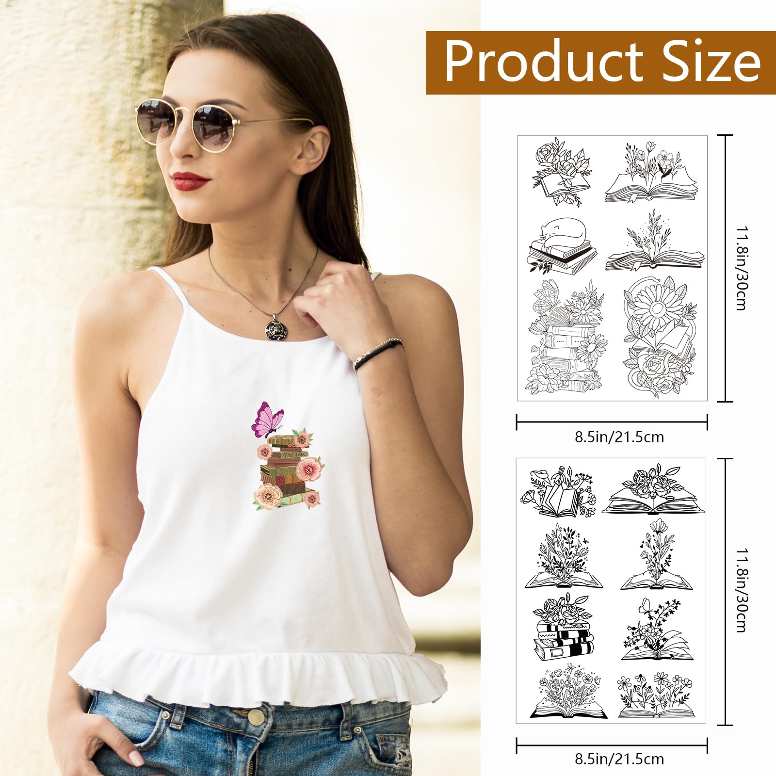 Water Soluble Embroidery Stabilizer Sheets - Rngmsi 14-Piece Wash Away Transfer Paper for Hand Sewing | Cat & Flower Designs | Perfect for DIY Embroidery, Quilting and Fabric Crafts (Book Lover Edition)