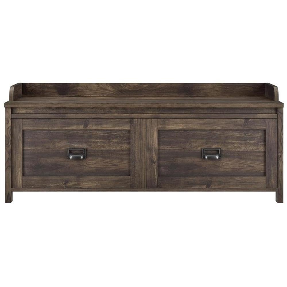 BOWERY HILL Farmhouse Entryway Storage Bench - Rustic Brown Wooden Shoe Bench with Cushion | Perfect for Entryway, Mudroom, Hallway & Bedroom Organization