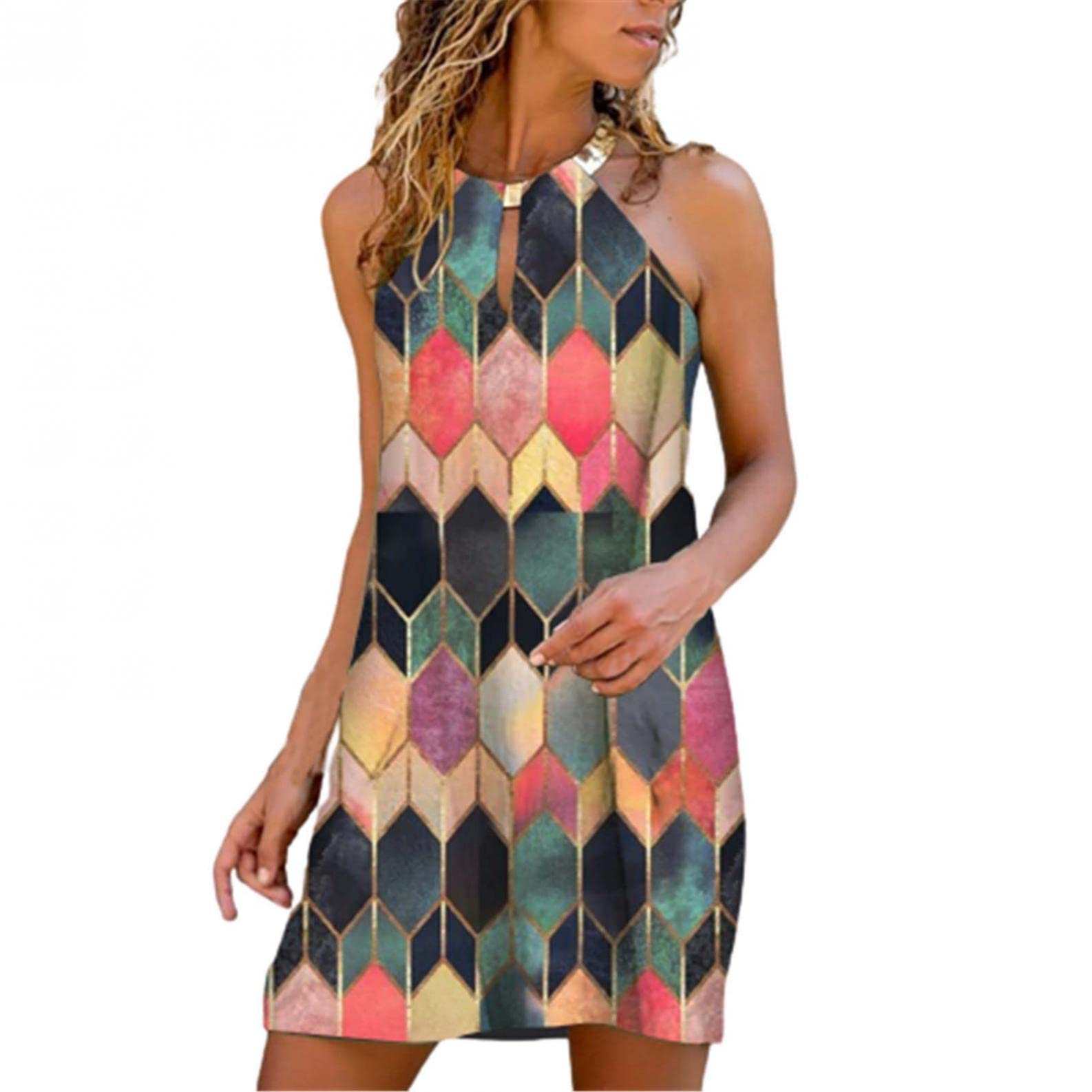 FABIURT Women's Casual Summer Dress - Sleeveless Halter Neck Mini Sundress with Graphic Print for Beach, Party & Vacation | Lightweight & Comfortable for Outdoor Activities