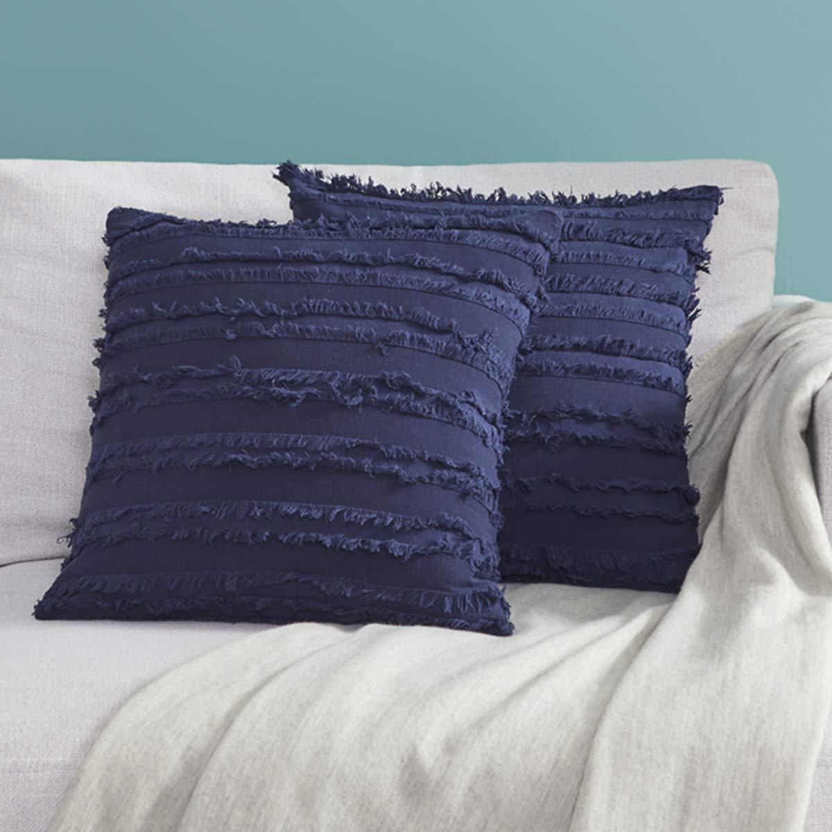 GIGIZAZA 16x16 Navy Blue Decorative Throw Pillow Covers - Square Cotton Boho Cushion Covers for Sofa, Couch & Bed - Home Decor Accent Pillows for Living Room, Bedroom & Dorm