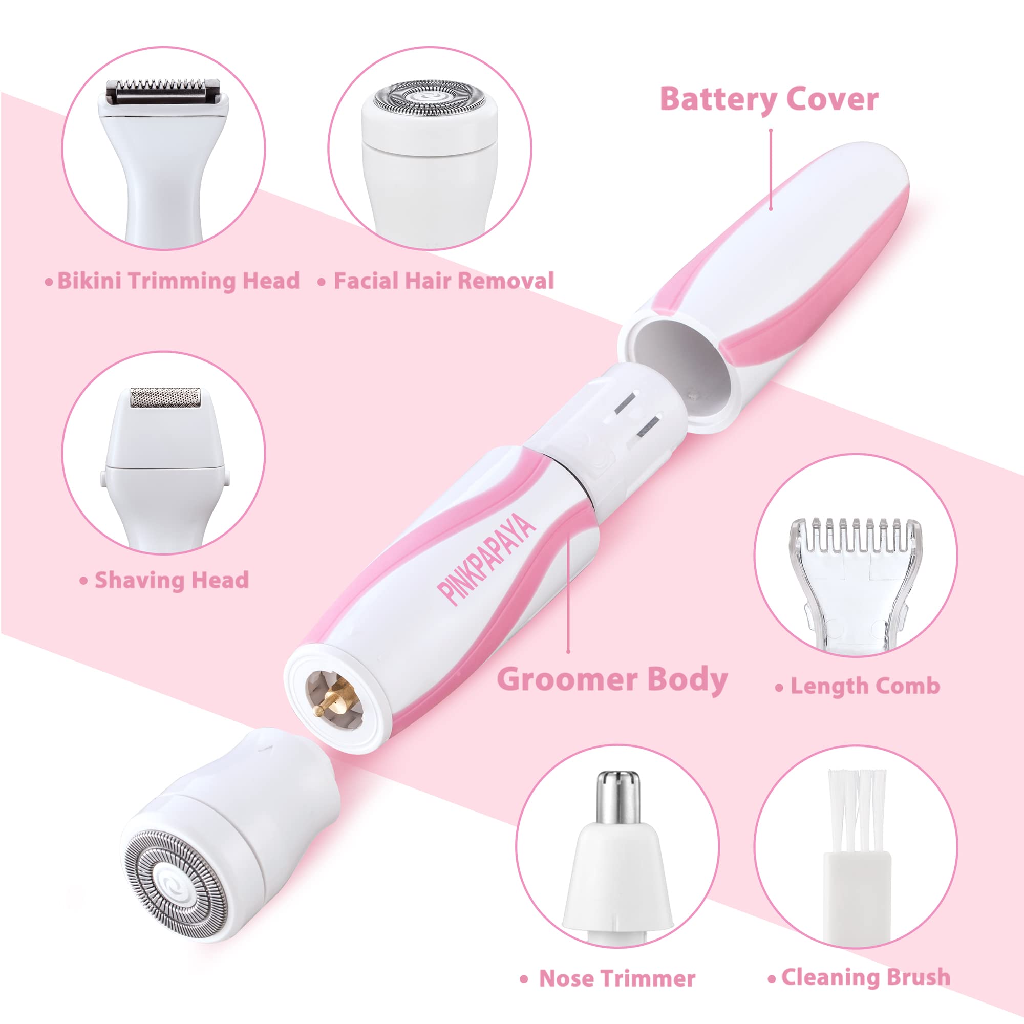 4-in-1 Electric Bikini Trimmer for Women - Pubic Hair Shaver, Facial Hair Remover, Face Razor & Nose Trimmer - Women's Grooming Kit for Smooth Skin at Home & Travel - Perfect for Bikini Line, Legs, Underarms & Facial Hair Removal