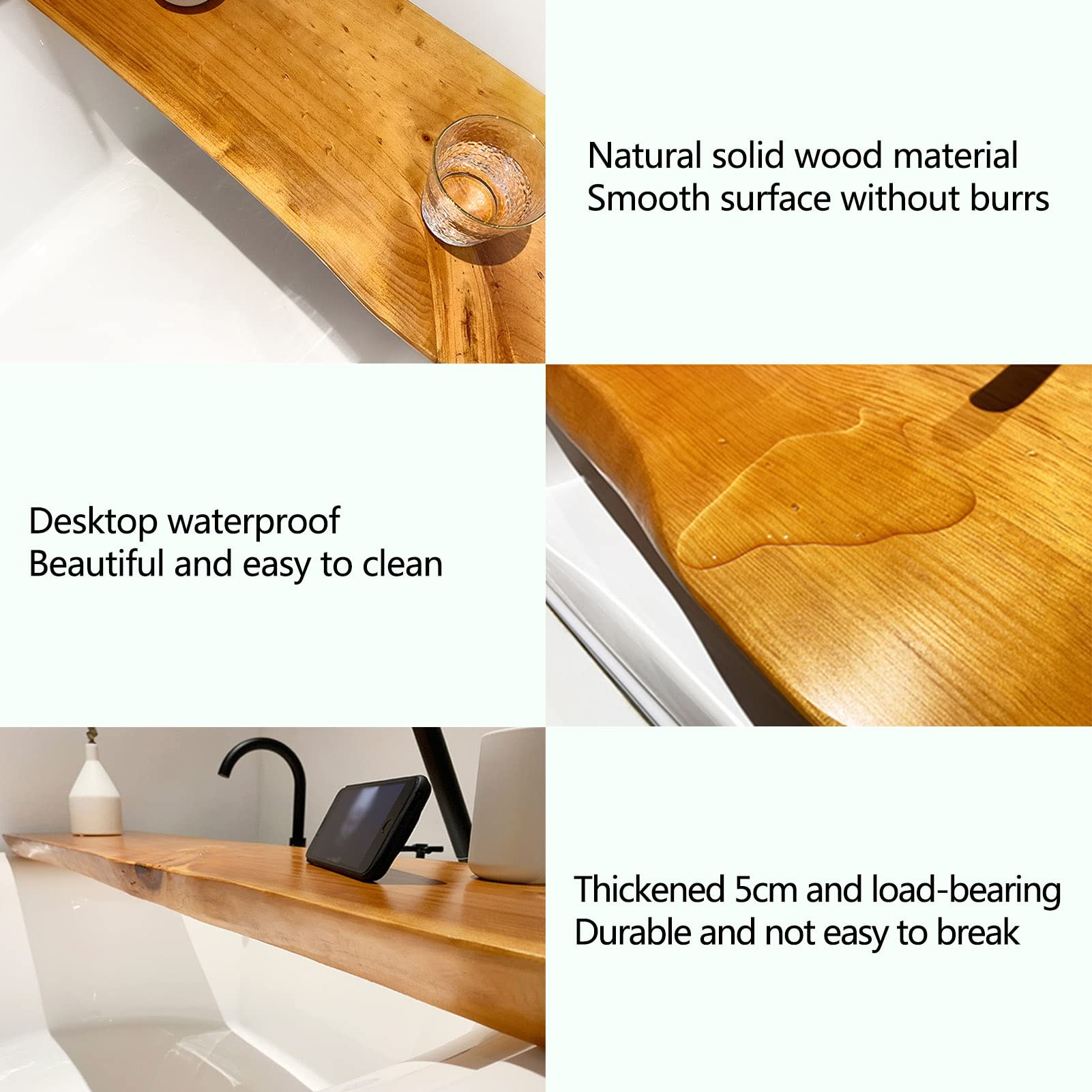 PENGFEI 5cm Thick Waterproof Solid Wood Bathtub Caddy Tray - Bath Tub Table Shelf & Holder for Books, Tablet, Candles - Easy to Clean (100x30cm) - Perfect for Relaxing Baths, Reading & Spa Nights