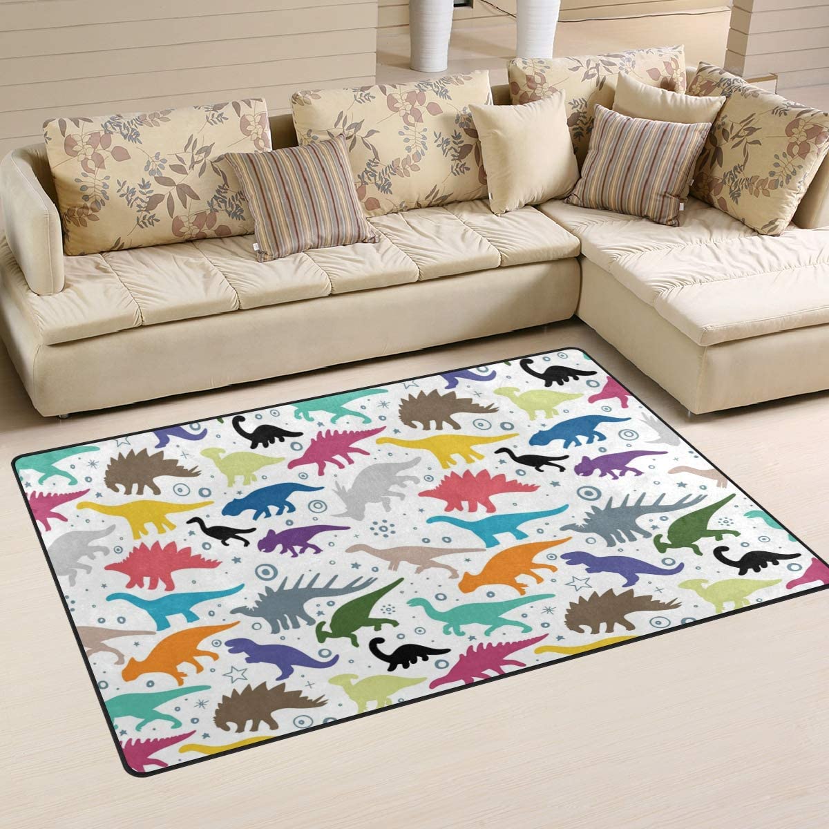 Colorful Jurassic Dinosaur Area Rug - Soft Washable Non-Slip Carpet for Living Room, Bedroom, Kids Room - 6.6ft x 5.3ft Dino Themed Floor Mat - Perfect for Playrooms, Nursery Decor & Home Office