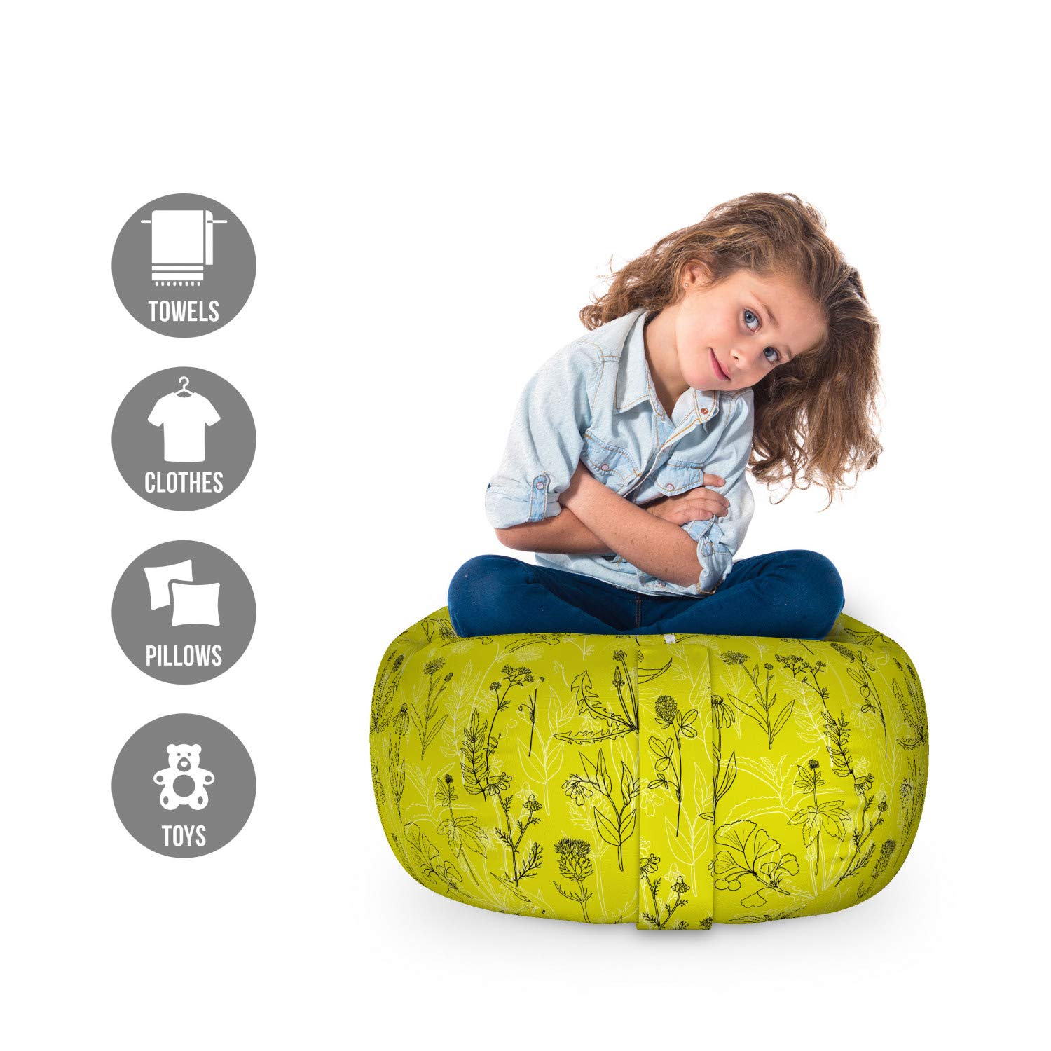 Ambesonne Botanical Storage Toy Bag Chair - Washable Stuffed Animal Organizer with Healthy Plants Pattern, Small Size in Yellow Green Grey - Perfect for Kids' Room, Nursery & Playroom Organization