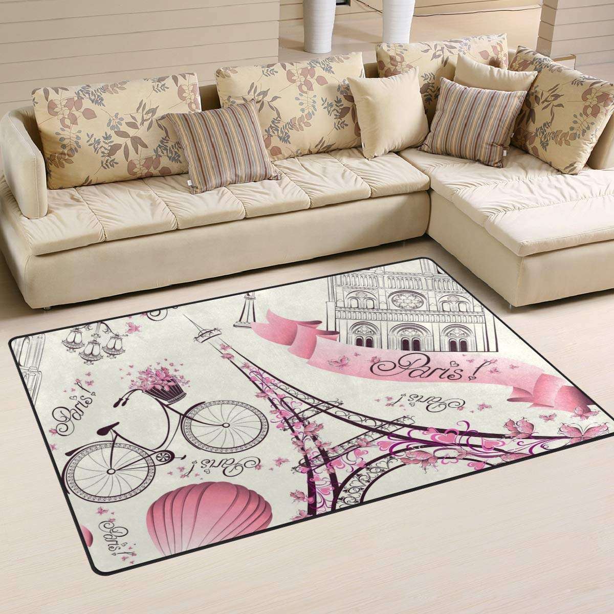 Paris Eiffel Tower Floral Area Rug - Pink Flower Design Non-Slip Floor Mat for Living Room, Bedroom & Entryway - Soft Home Decor Carpet for Kids (60x39 Inches) - Perfect for Nursery, Dorm or Apartment Decor