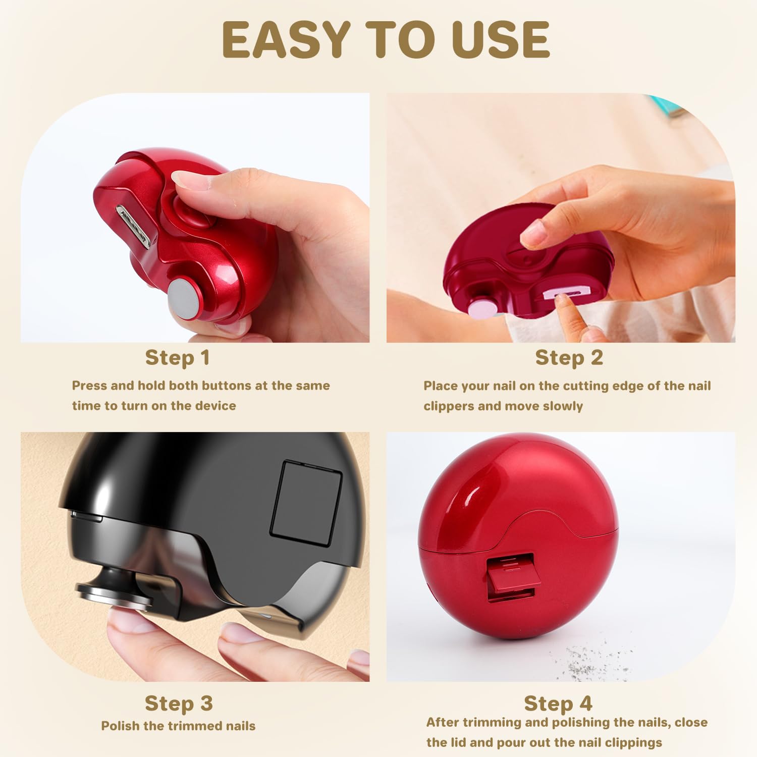 2 in 1 Electric Nail Clipper & Polisher - Automatic Nail Trimmer with 2 Adjustable Speeds, Rechargeable Nail File for Seniors, Kids & Adults (Red) - Perfect for Home, Travel & Salon Use