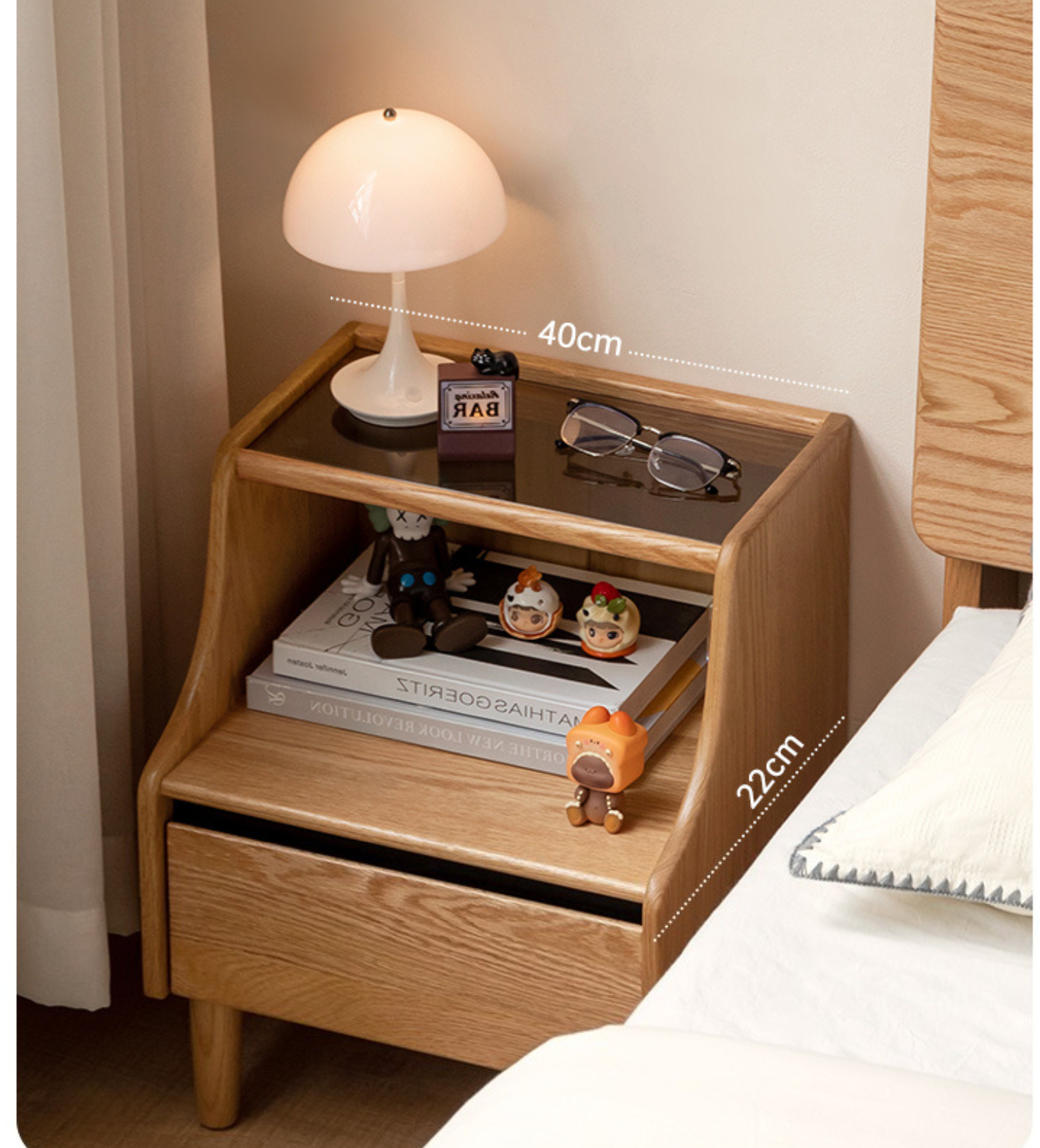 Solid Oak Wood Nightstand with Glass Top - Modern Bedside Table for Bedroom, Living Room, or Office
