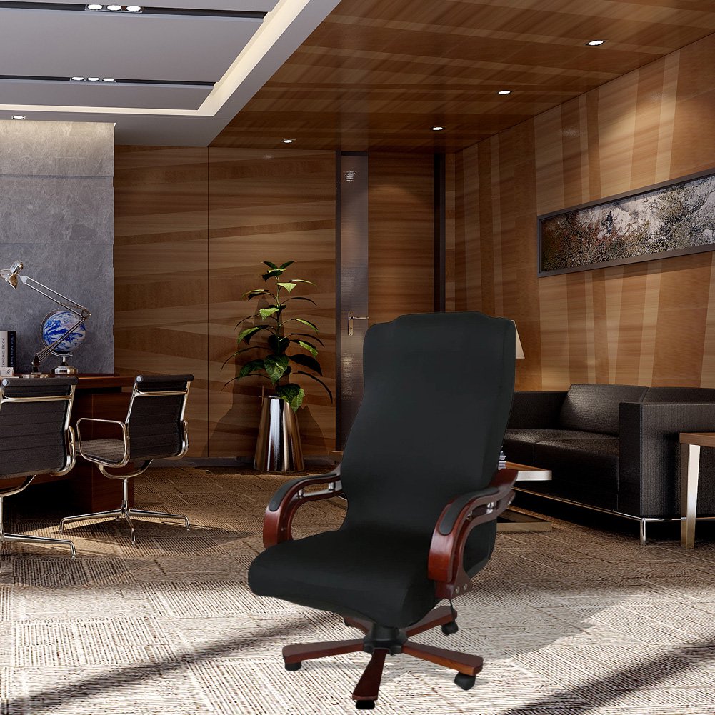 Stretch Polyester Office Chair Cover - Black L Size for Computer & Desk Chairs