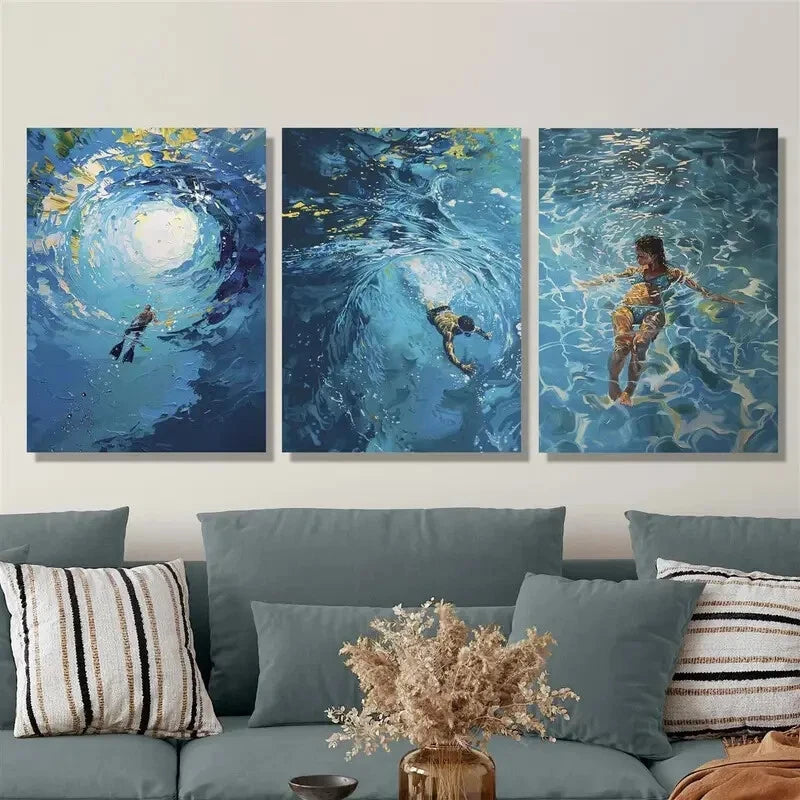 3-Piece Metal Print Wall Art - Ocean & Swimming Themed Ready-to-Hang Decor for Men & Women - Perfect for Beach House, Bathroom, or Poolside Decor