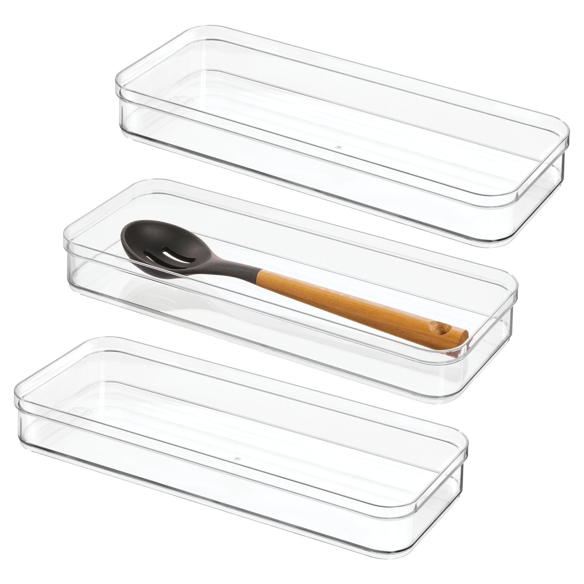 iDesign Plastic Drawer Organizer Bins - Set of 3 Clear Storage Containers for Kitchen Utensils, Bathroom Essentials & Office Supplies - Perfect for Drawer Organization in Home & Office