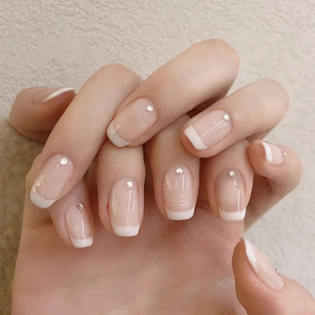 Uranian French Press on Nails - White Short Square Fake Nails with Rhinestones, Transparent Glossy Acrylic Full Cover False Nails for Women & Girls (24pcs) - Perfect for Parties, Weddings, and Special Occasions