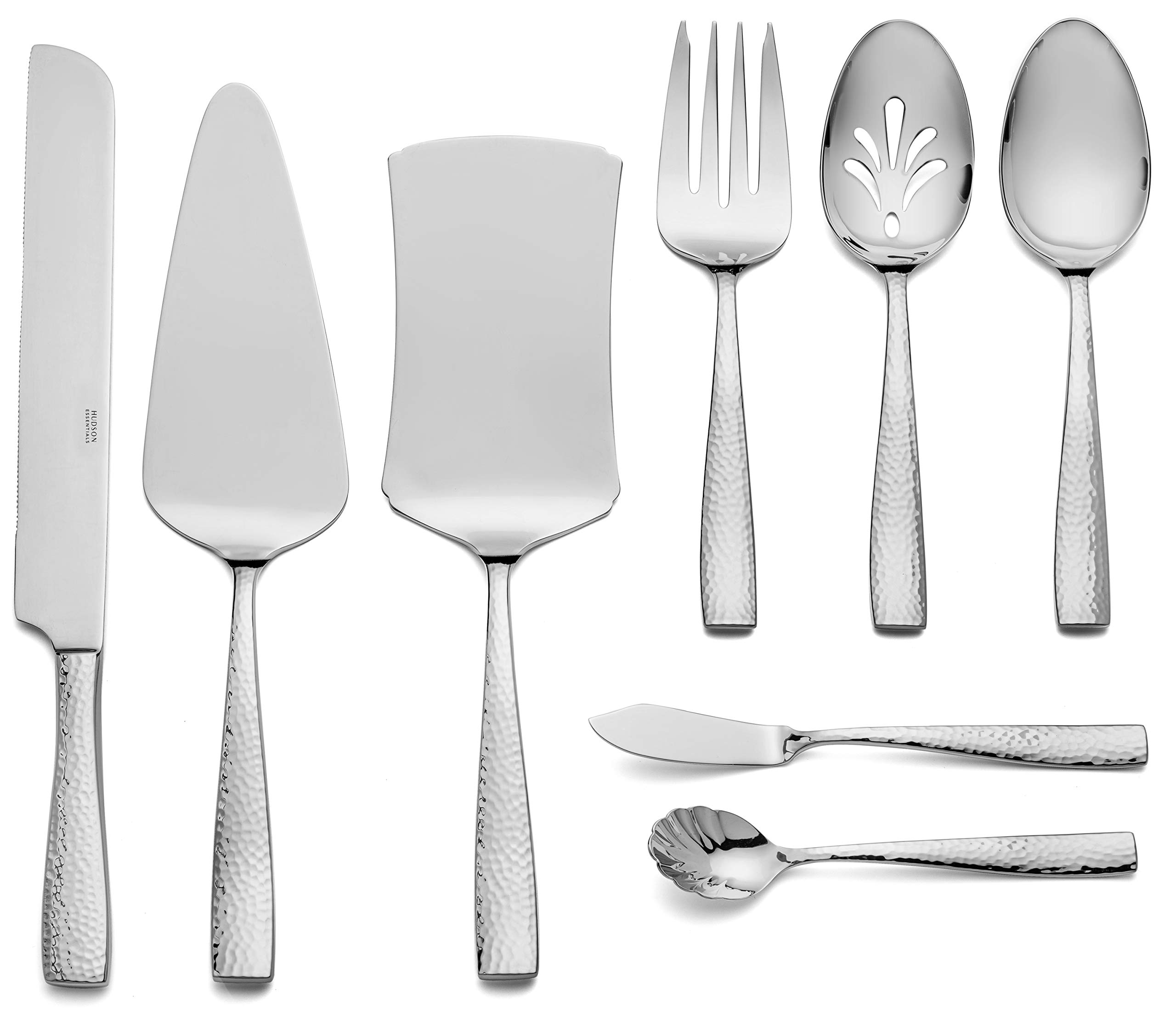 Hudson Essentials 68-Piece Hammered 18/10 Stainless Steel Silverware Set - Service for 12, Includes Knives, Forks, Spoons & Serving Utensils - Elegant Flatware for Dining, Parties & Wedding Registry