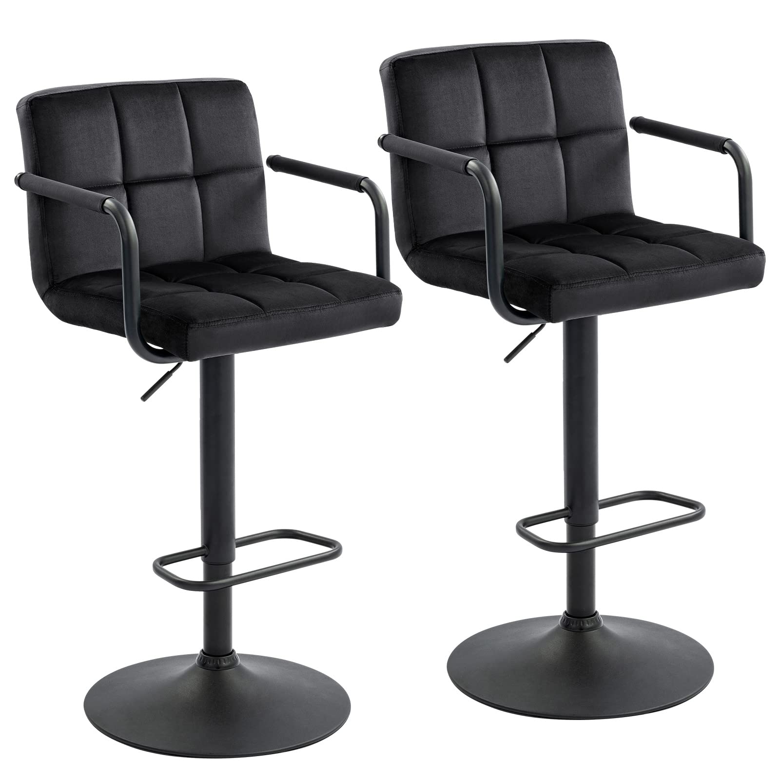 Furnimart Adjustable Swivel Bar Stools Set of 2 - Upholstered Counter Height Stools with Armrest & Footrest, Velvet Black - Perfect for Kitchen Island, Breakfast Bar & Dining Room Decor