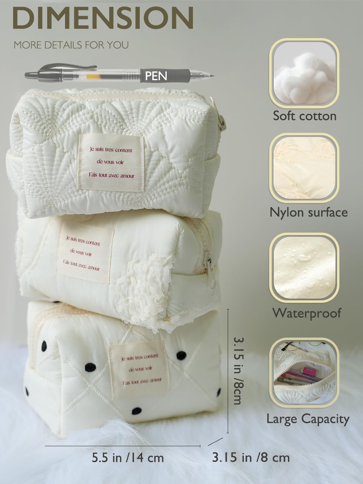 White Quilted Makeup Bag for Women - Waterproof Travel Cosmetic Organizer - Floral Design for Girls & Travel Accessories