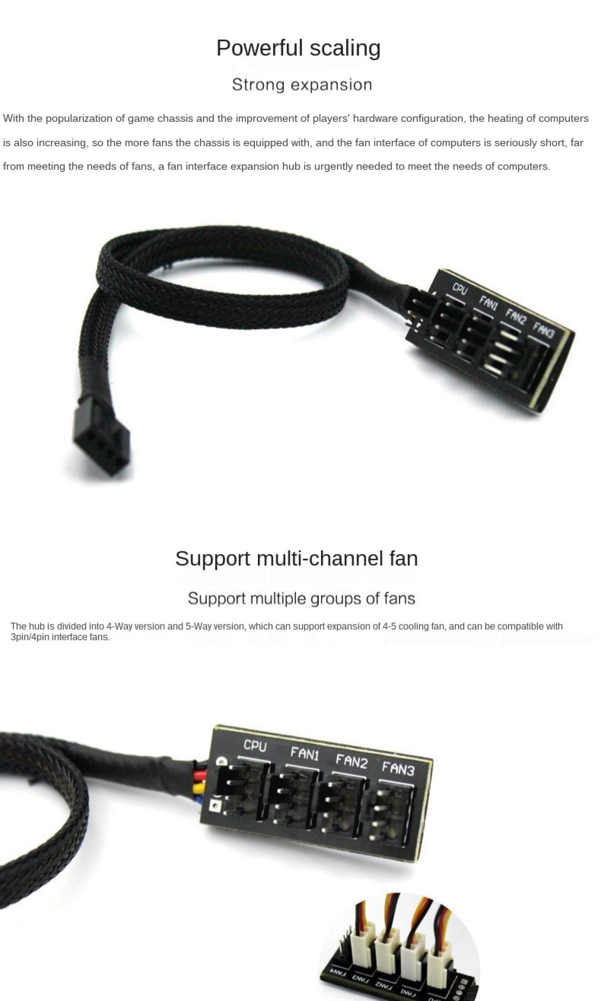 4/5 Channel PWM Fan Hub - PC CPU Cooling Fan Distributor with Sleeved Braided 4-Pin/3-Pin Power Adapter Cable - Perfect for Gaming Rigs, Workstations & Custom PC Builds