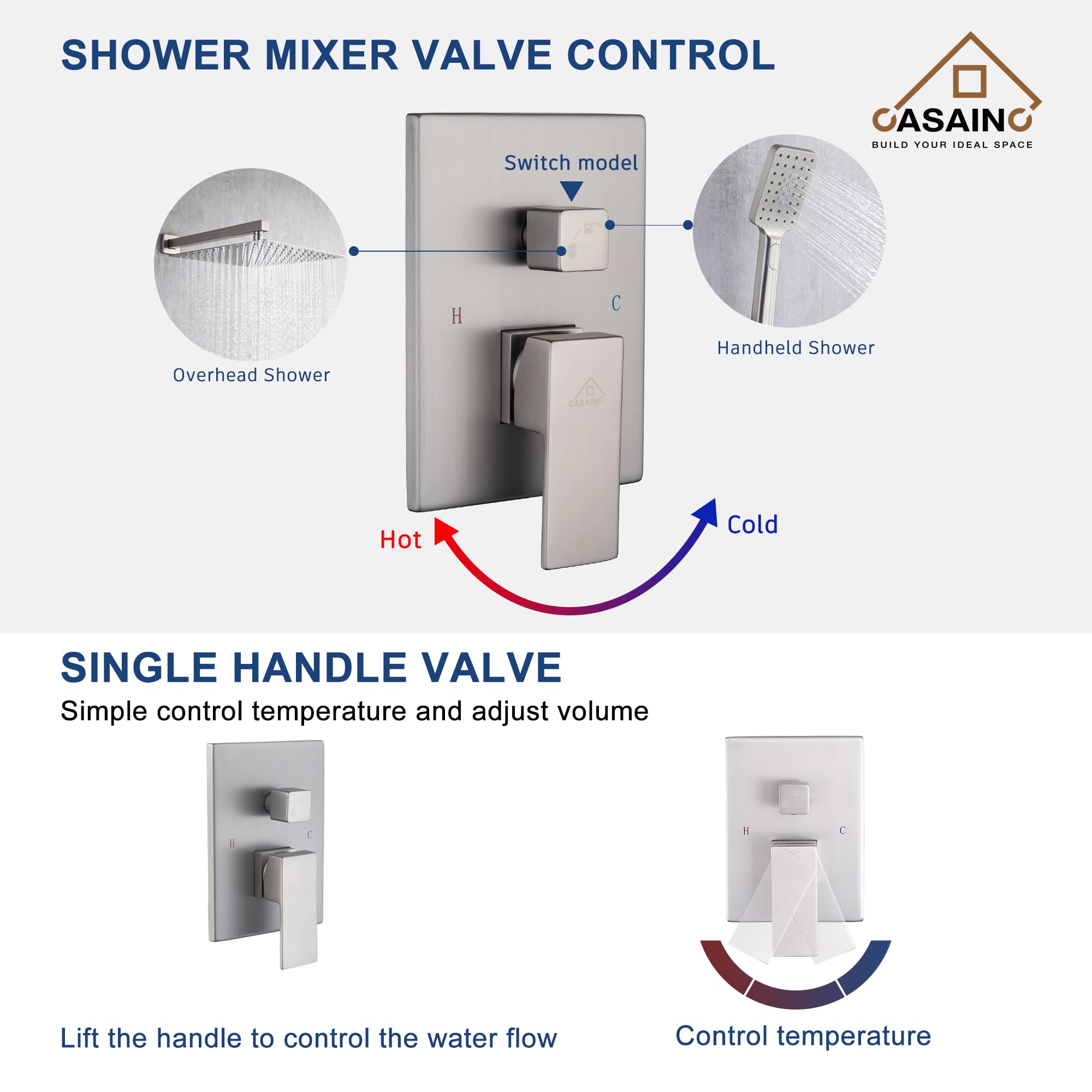 CASAINC 10 Inch High Pressure Brushed Nickel Shower System - Wall Mounted Square Rainfall Shower Head with Handheld Spray & Anti-Scald Valve for Luxurious Bathroom Upgrade | Perfect for Modern Homes, Spa-Like Experience, Water Saving & Easy Installation