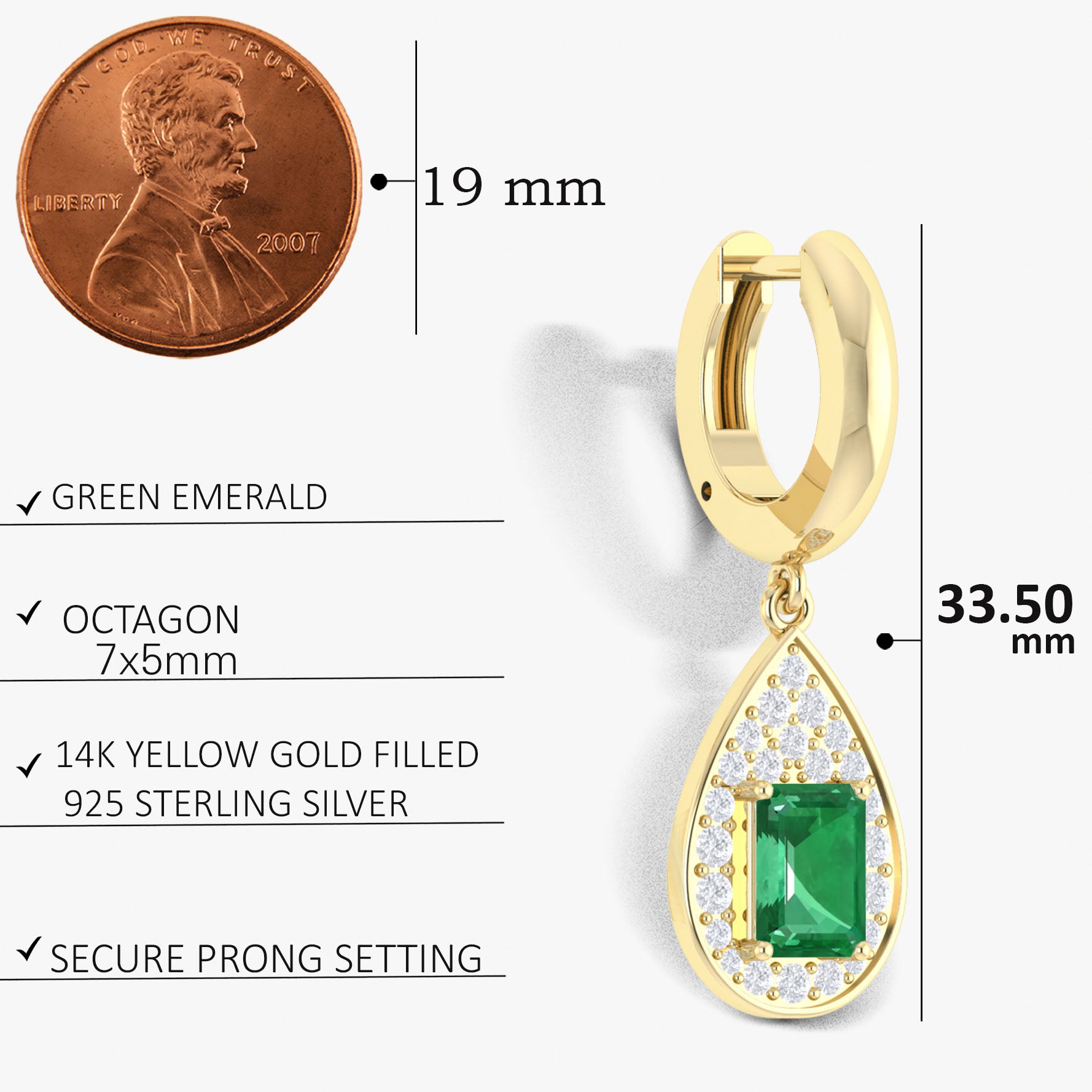 Emerald Octagon Gemstone Drop Dangle Earrings for Women – Elegant Green Gemstone Jewelry for Parties, Weddings & Special Occasions