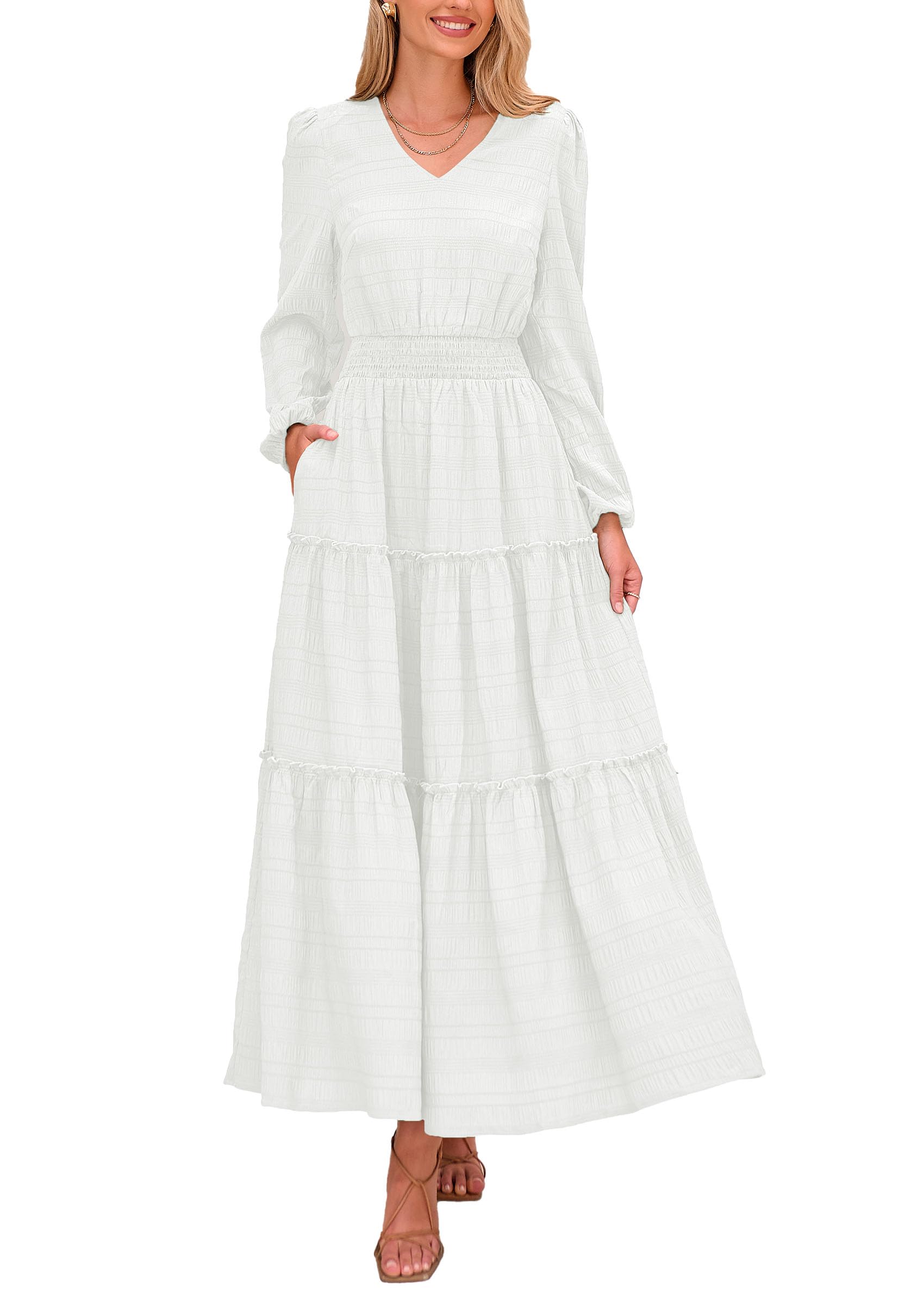PRETTYGARDEN Women's Summer Maxi Dress - Long Sleeve V-Neck Smocked Waist Tiered Ruffle Flowy Cocktail Dress with Pockets | Perfect for Beach Vacation, Date Night & Casual Outings