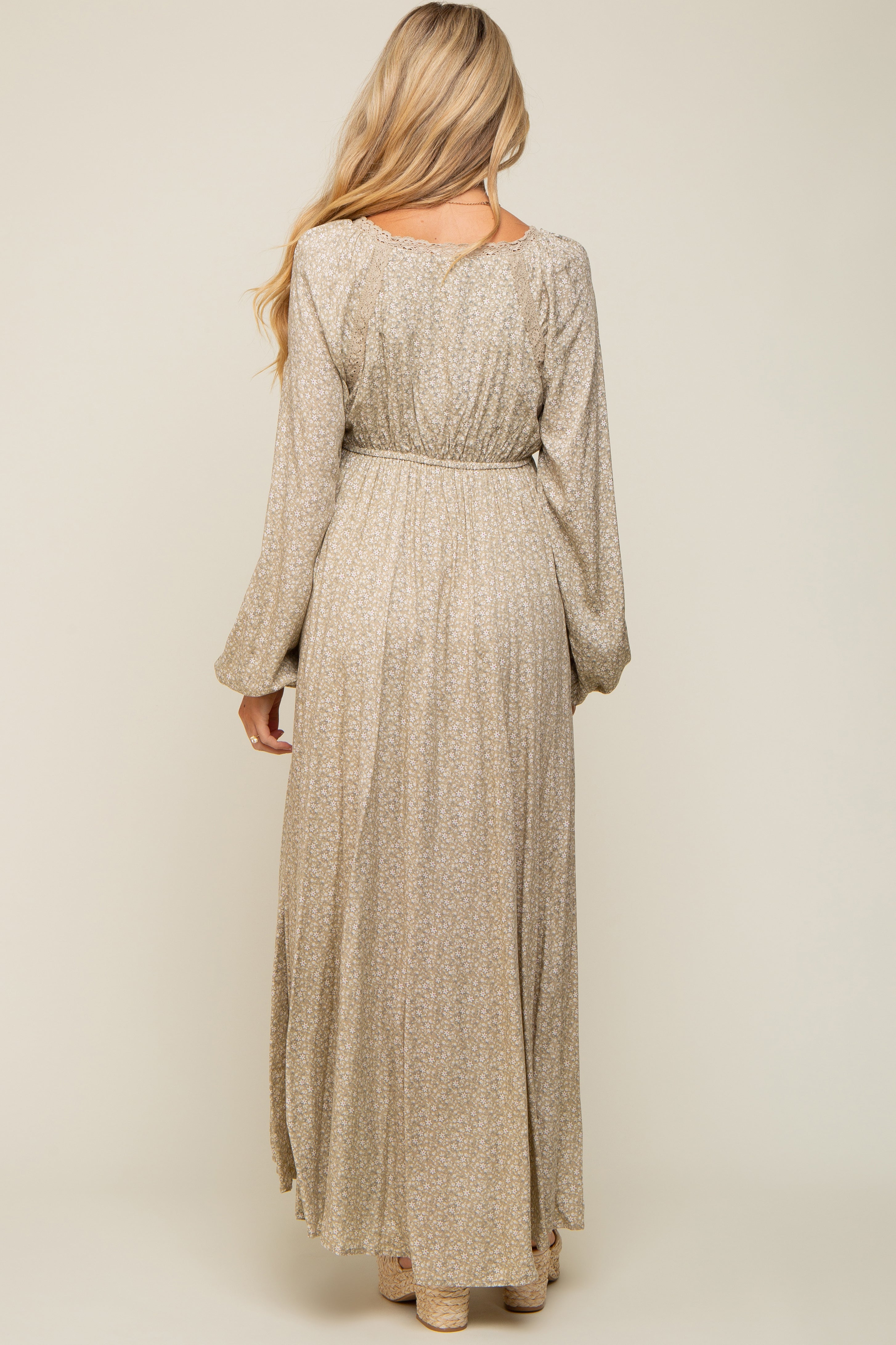 Beige Floral Lace Maternity Maxi Dress with Side Slit - Elegant Pregnancy Gown for Baby Shower, Wedding & Special Occasions