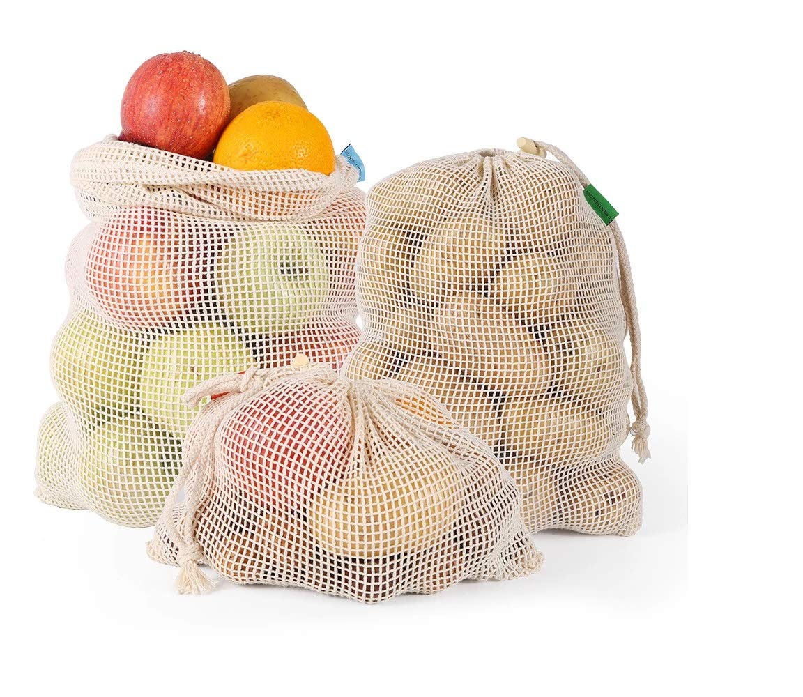 Eco-Friendly Cotton Mesh Bags - Reusable Washable Produce Bags for Fruits, Vegetables & Grocery Shopping - Sustainable Zero Waste Kitchen & Farmers Market Accessories