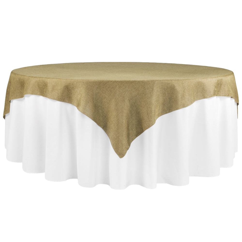 Faux Burlap Table Overlay Topper - 85x85 Inch Square Tablecloth in Natural Tan | Rustic Farmhouse Dining Decor, Wedding Reception, Party Table Cover