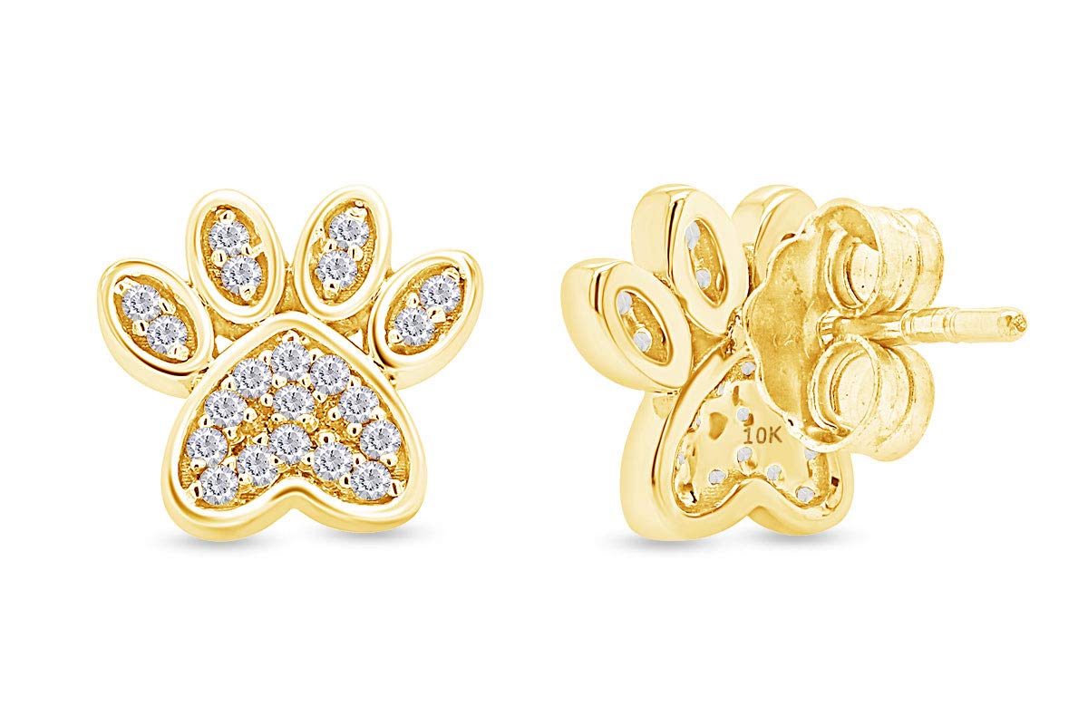 10K Yellow Gold Round Cut Simulated Birthstone Dog Paw Print Stud Earrings for Women - Push Back Closure, Perfect for Pet Lovers, Gifts & Everyday Wear