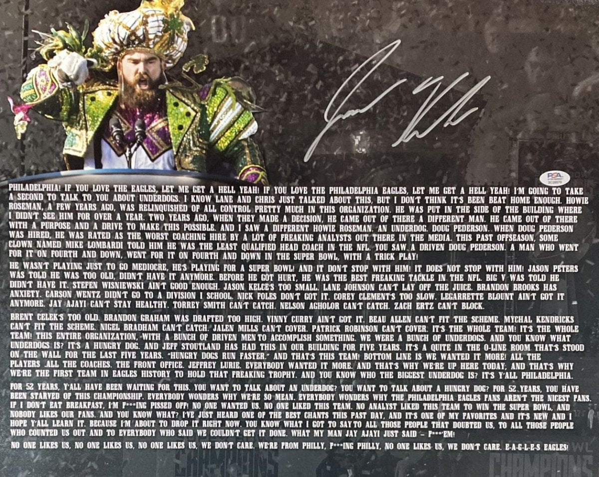 Jason Kelce Autographed 16x20 Philadelphia Eagles Super Bowl 52 Championship Parade Speech Photo - PSA ITP Hologram Certified - Perfect for Eagles Fans, Sports Memorabilia Collectors & Man Cave Decor