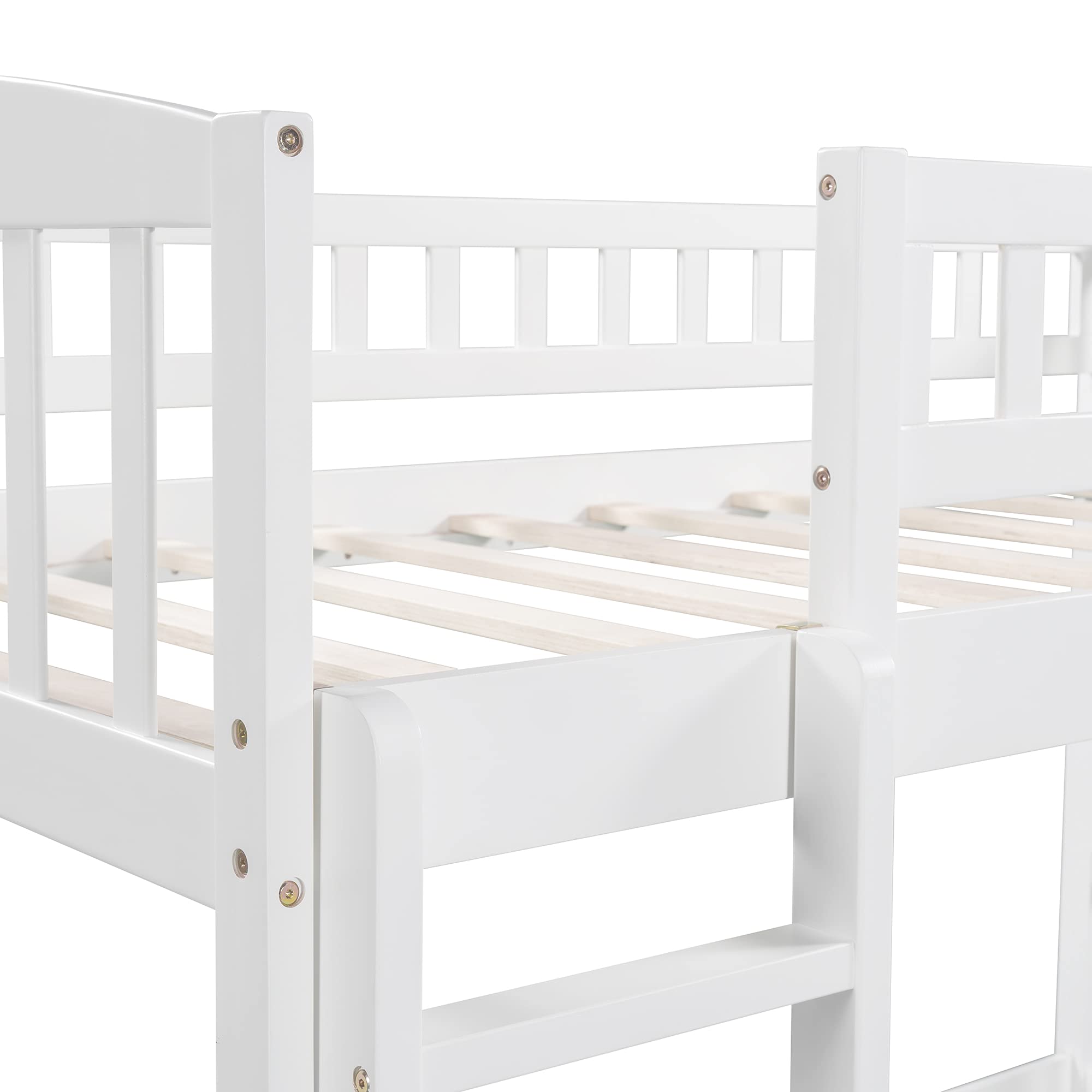 Knocbel Twin Size Low Loft Bed with Floor Platform - White Wooden Bunk Bed with Guardrails, Reversible Slide & Ladder (77.4