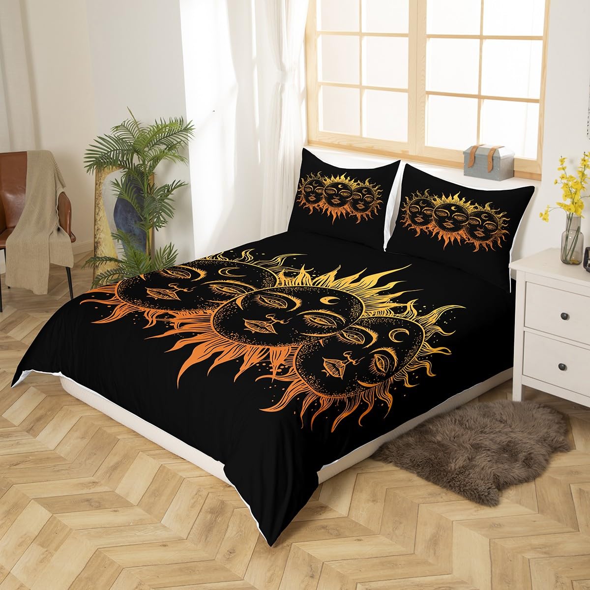 Bohemian Mandala Duvet Cover Set Twin Size - Golden Sun & Moon Design, 3-Piece Luxury Soft Bedding with Zipper Closure | Exotic Boho Theme for Adults, Women & Teens | Perfect for Bedroom Decor, Dorm Room, Guest Room & Boho Chic Home Styling