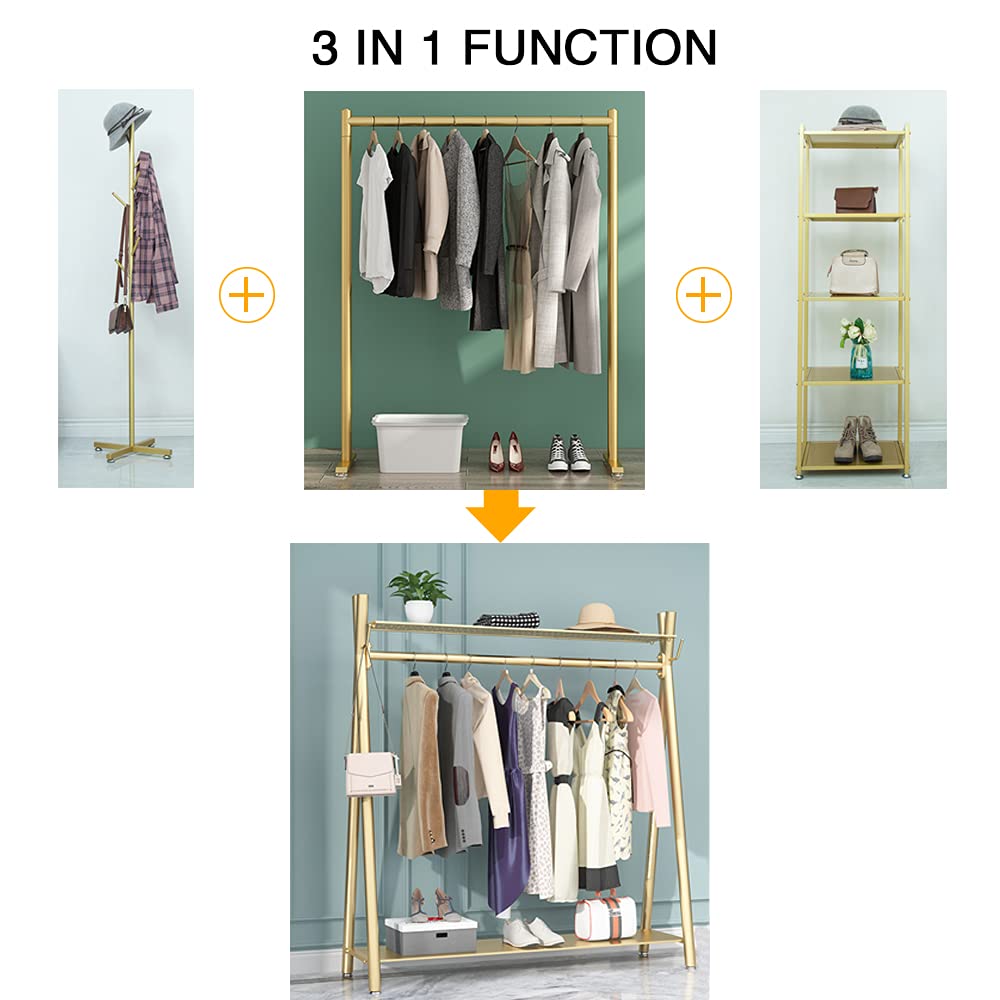 MAIKAILUN Heavy Duty Freestanding Industrial Gold Clothes Rack with Double Shelves - 47 Inch Movable Coat Rack for Organizing Clothes, Shoes, Jackets - Perfect for Bedroom, Closet, Laundry Room or Retail Store Display