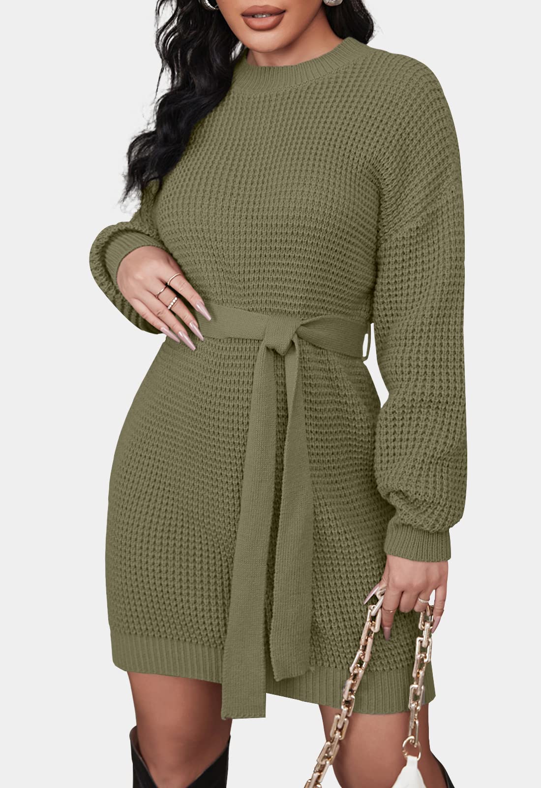 ZESICA Women's Long Sleeve Waffle Knit Tie Waist Tunic Sweater Dress - Fall Winter Pullover Casual Outfit for Work, Date Night & Holiday Season
