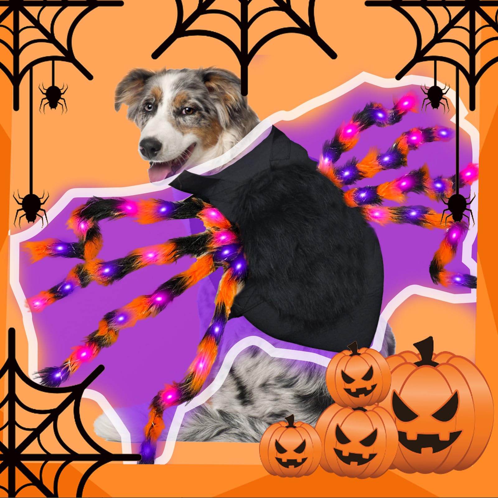 **LED Halloween Spider Dog Costume - Plush Pet Spider Outfit for Medium & Large Dogs - Scary Cosplay Costume for Halloween Parties & Pet Dress Up (Large, Spider)**