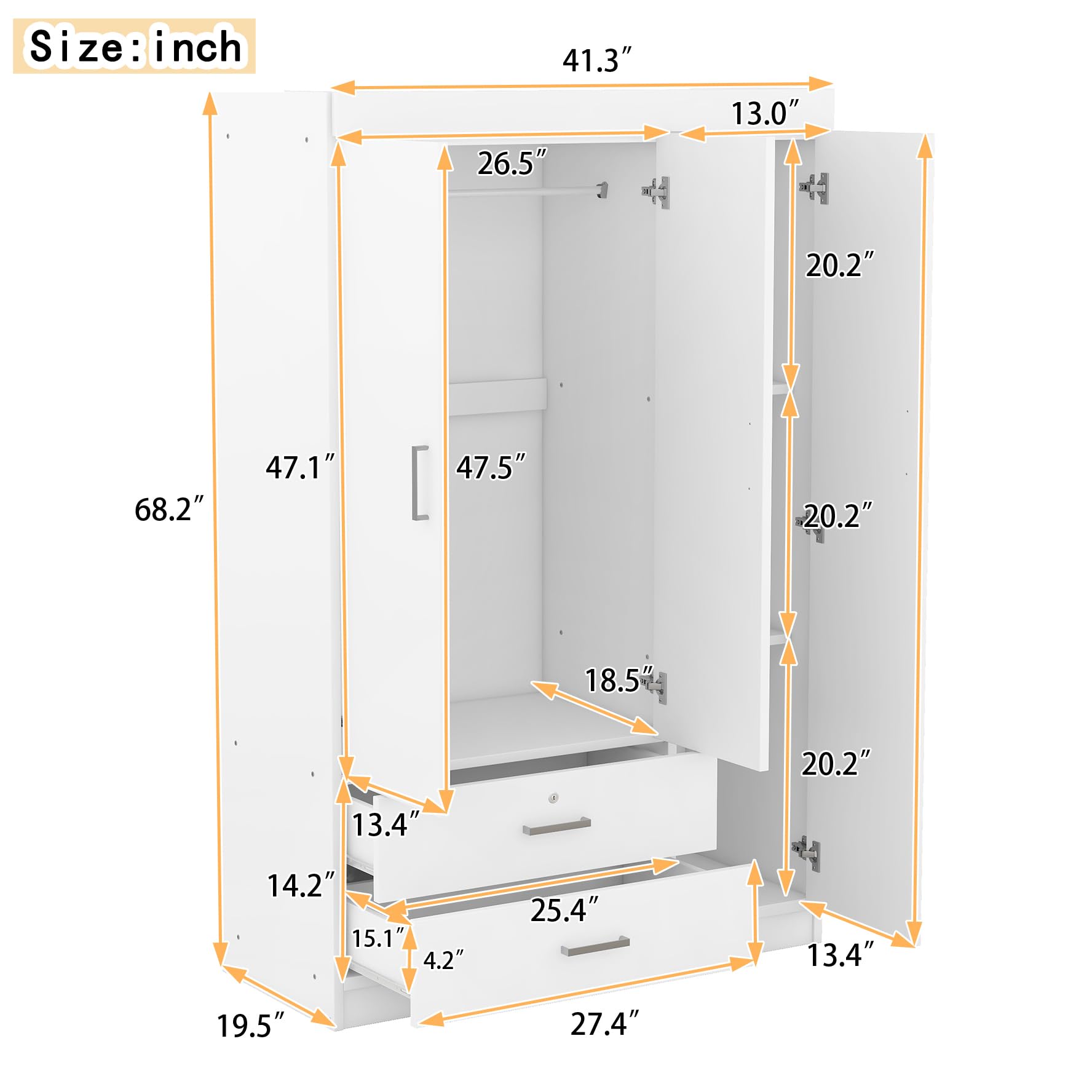 White Wooden Armoire Wardrobe with Mirror - 3 Door Closet with 2 Drawers for Bedroom Storage, Teen & Adult Clothes Organizer | Perfect for Master Bedroom, Guest Room or Dormitory Organization
