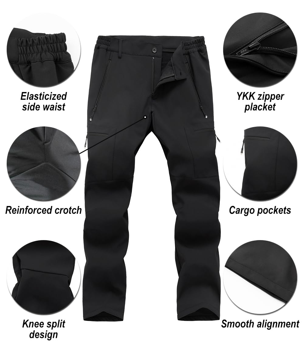 Men's Waterproof Ski Snow Pants - Fleece Lined Winter Hiking Pants with Cargo Pockets | Warm Insulated Softshell Outdoor Pants for Skiing, Snowboarding, Fishing & Cold Weather Activities
