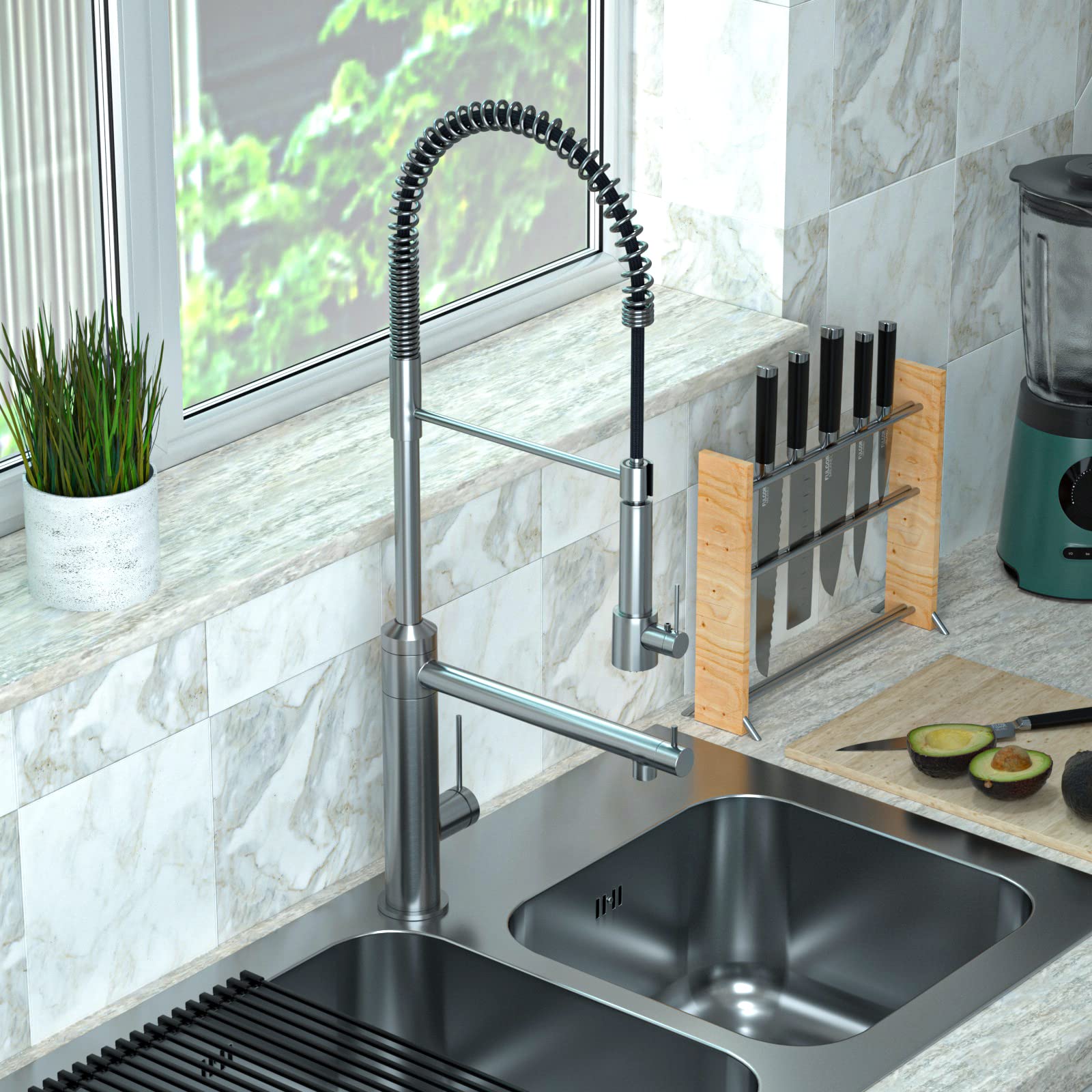 **CWM Commercial Kitchen Faucet with Pull Down Sprayer - 26.61 Inch Brushed Nickel Stainless Steel High Arc Sink Faucet with Pre-Rinse Sprayer for Restaurants, Home Kitchens & Bar Sinks**    *(Perfect for heavy-duty cooking, dishwashing, and food prep in commercial kitchens, home kitchens, and bar areas.)*