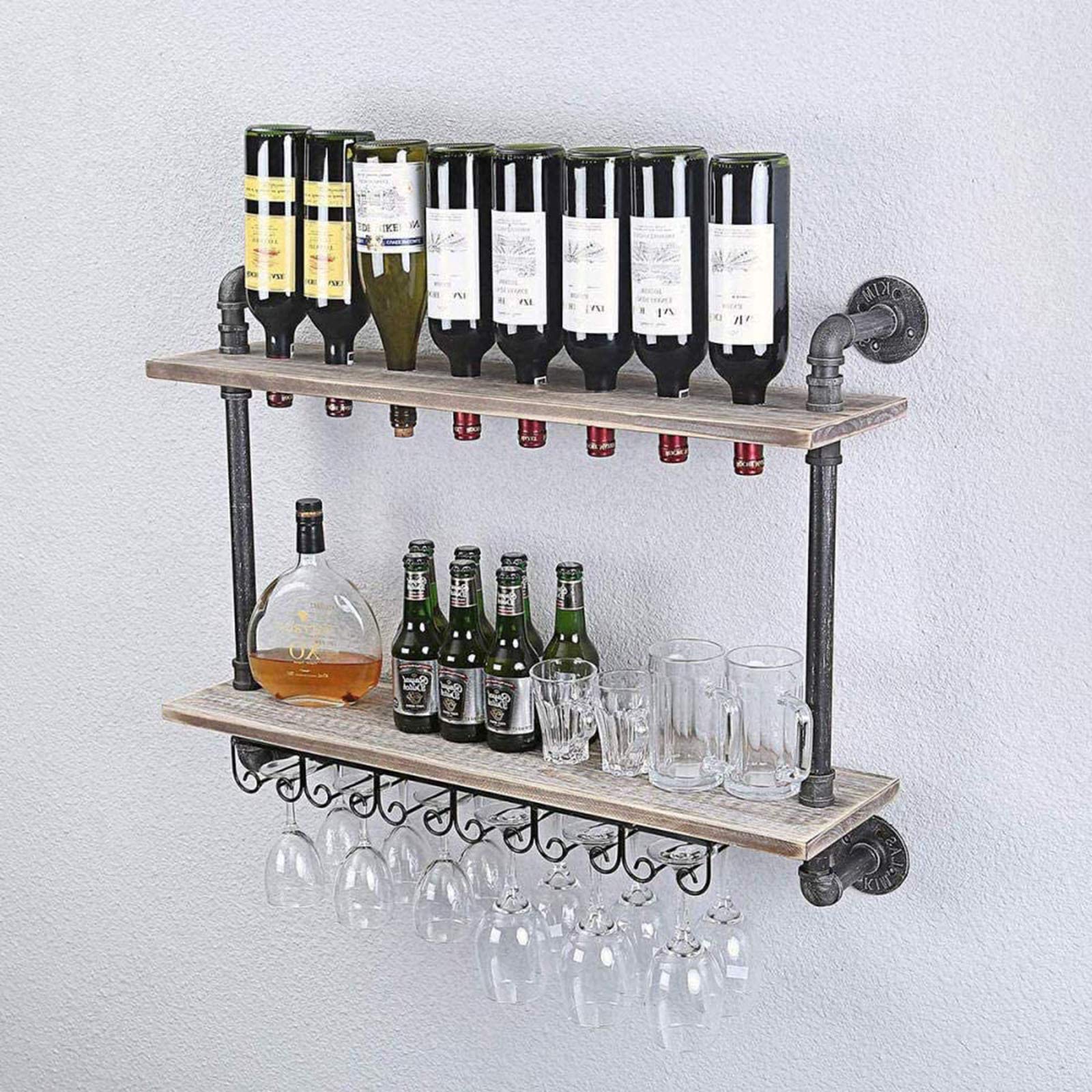 Industrial Rustic Wall Mounted Wine Rack - Metal & Wood Liquor Bottle Storage Holder - Floating Shelf for Home Decor - Perfect for Kitchen, Bar, Dining Room & Living Room Display
